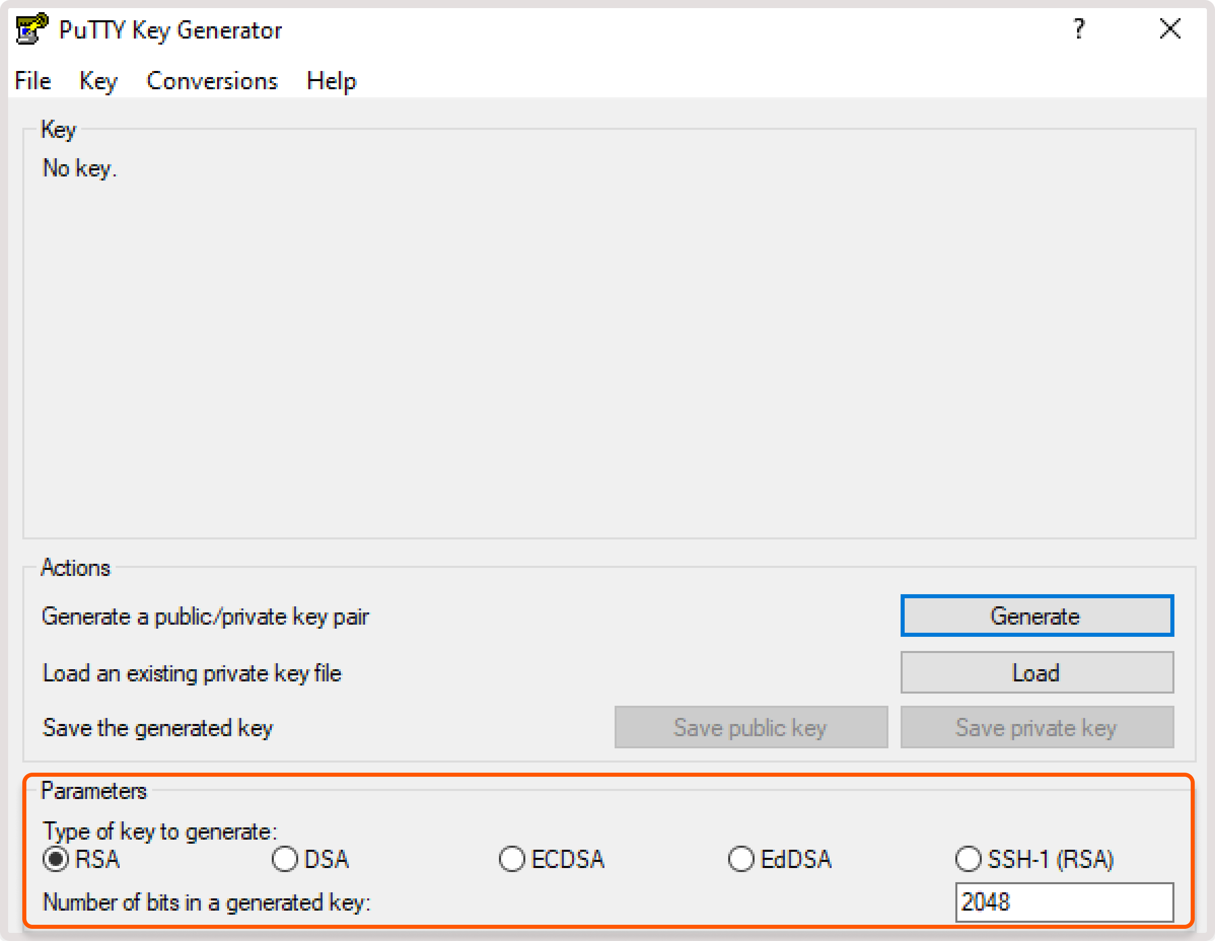 Puttygen app with two options selected: RSA type of key and 2048 number of bits