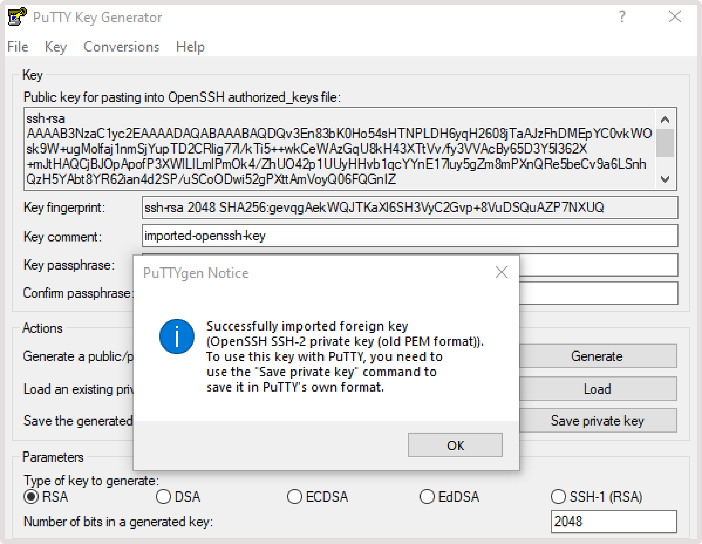Puttygen confirmation that the key has been imported
