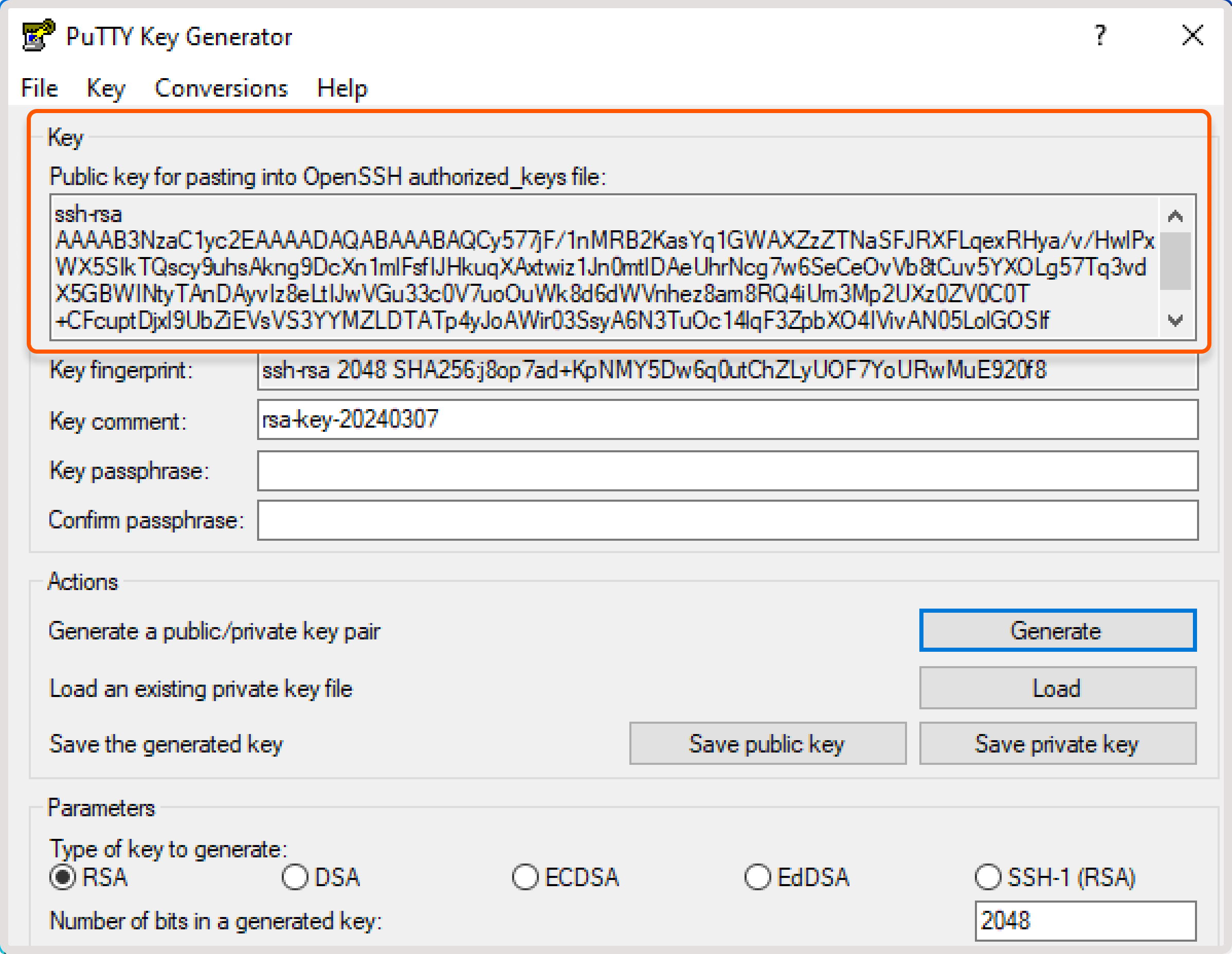Puttygen app with a generated public key