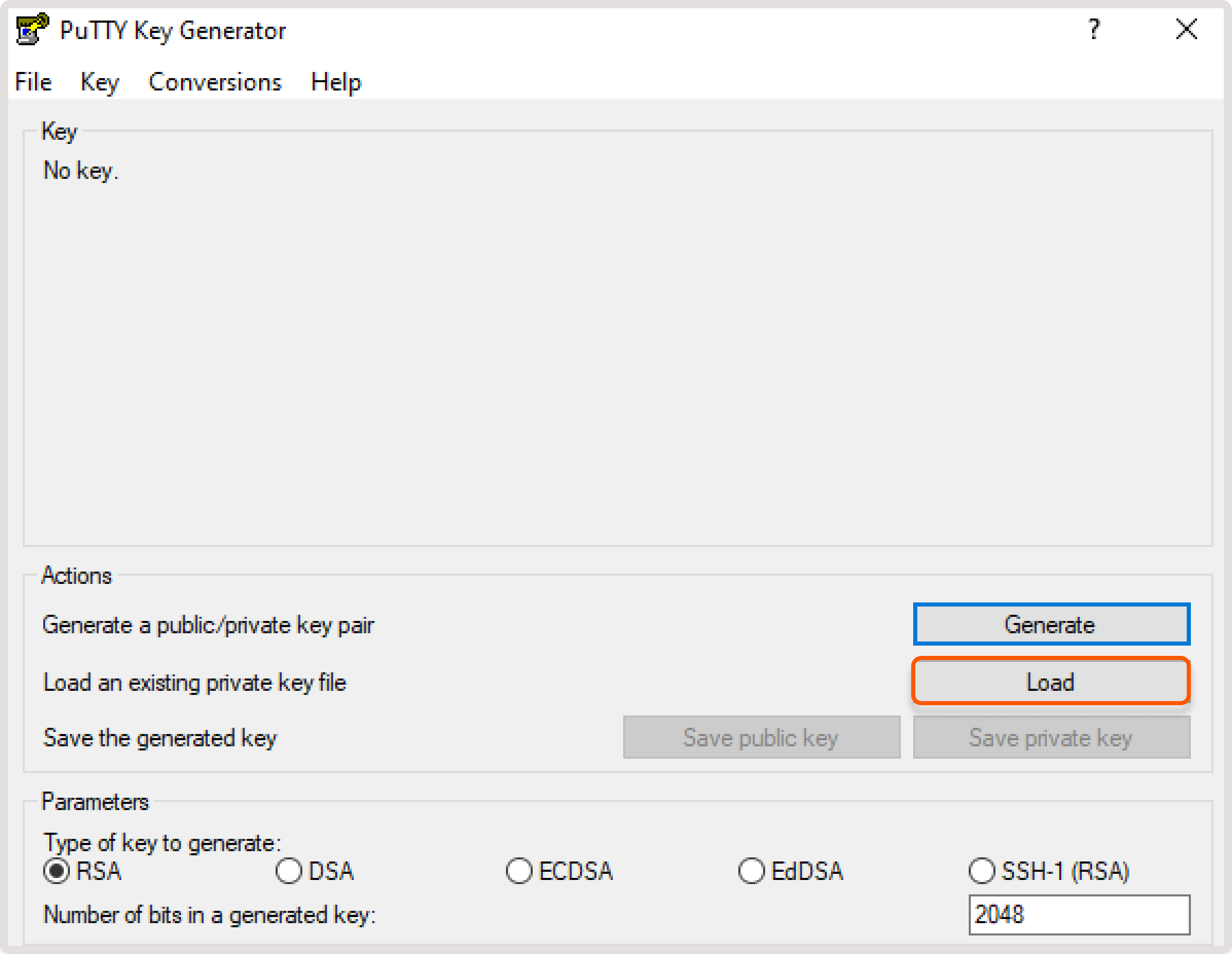 Puttygen app with the Load button highlighted