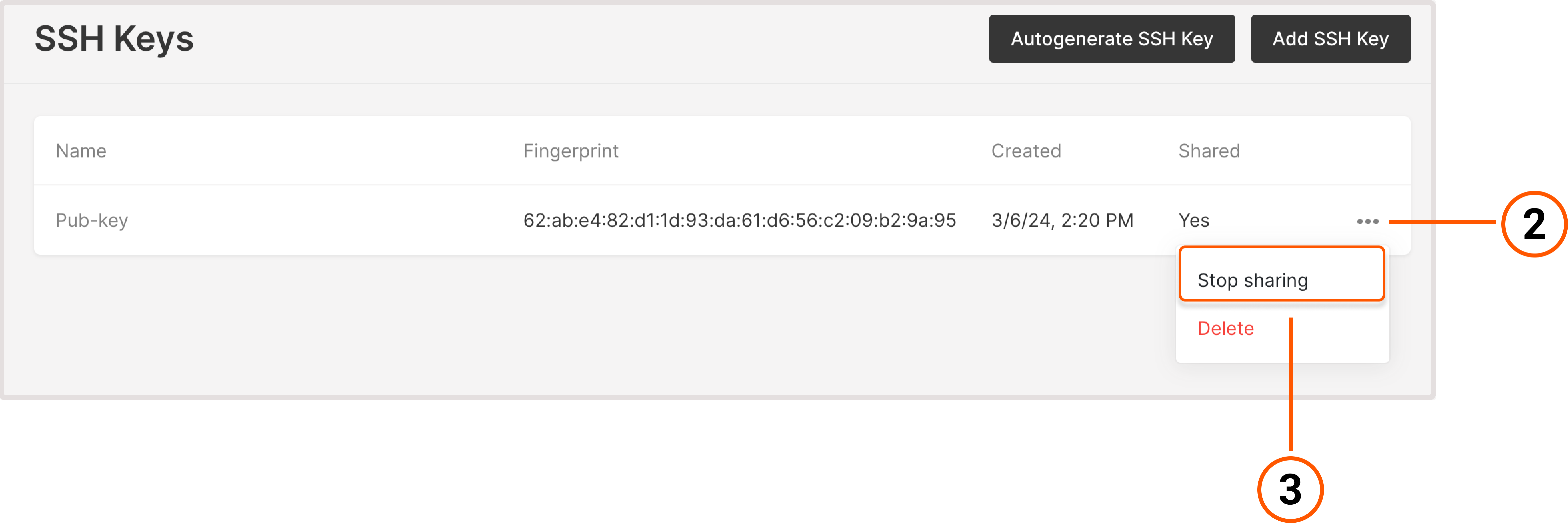 SSH key options menu displaying the Stop sharing button