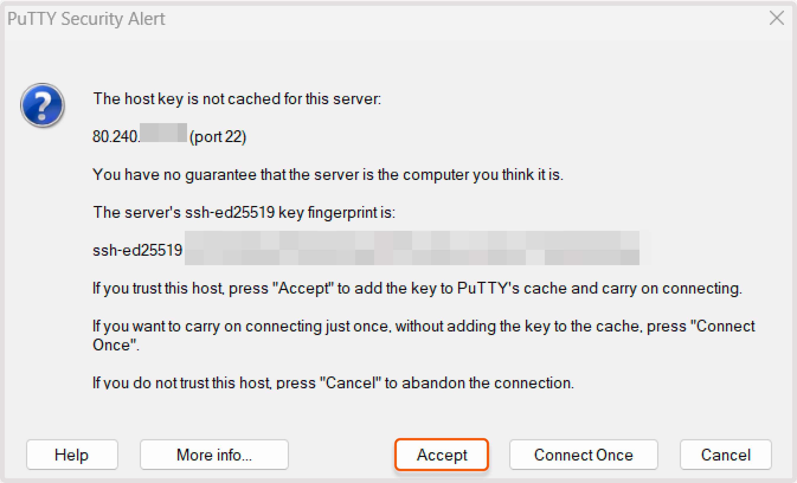 Putty security alert that asks to cache the server's host key