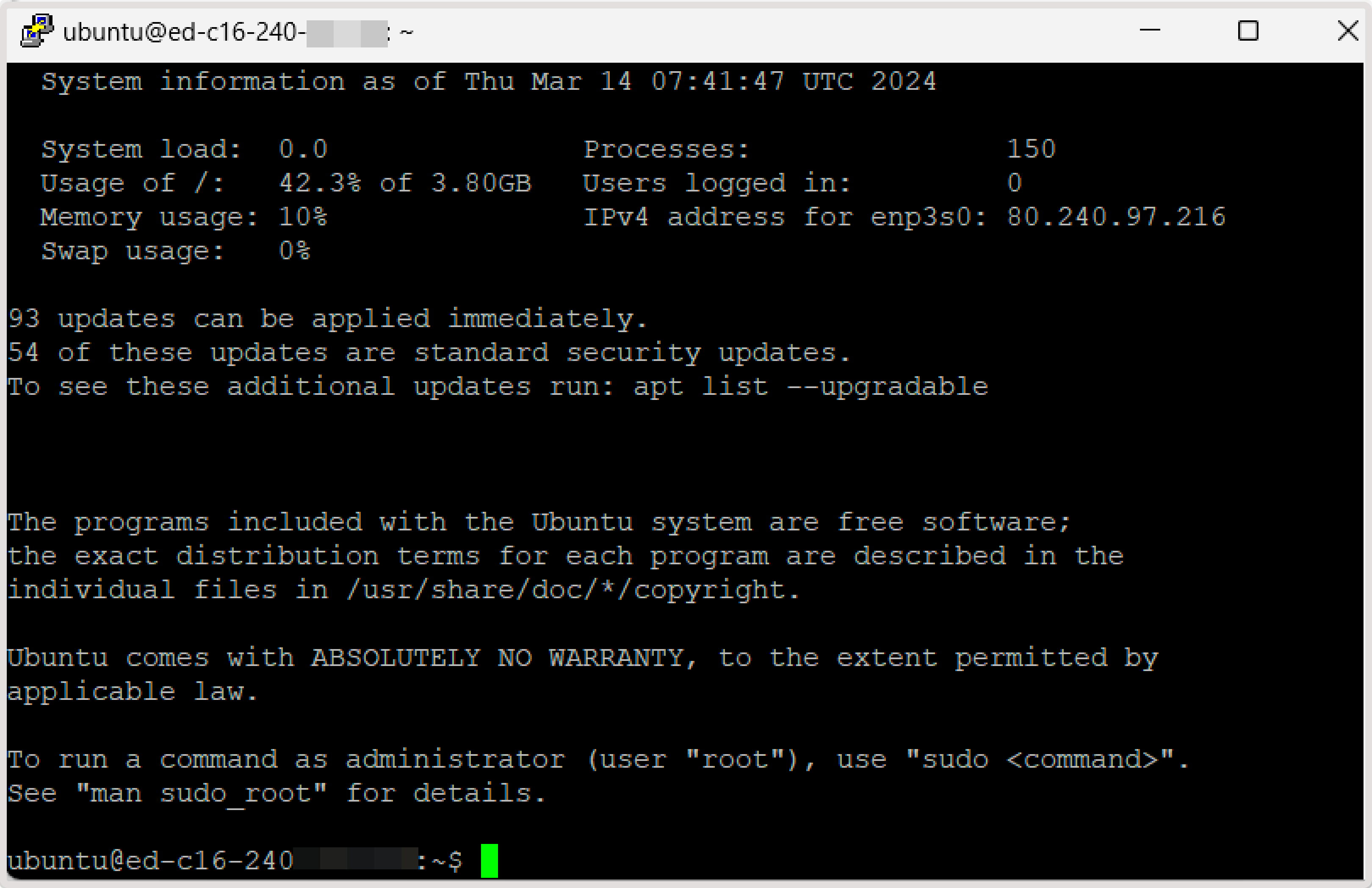 Putty terminal displaying successful connection