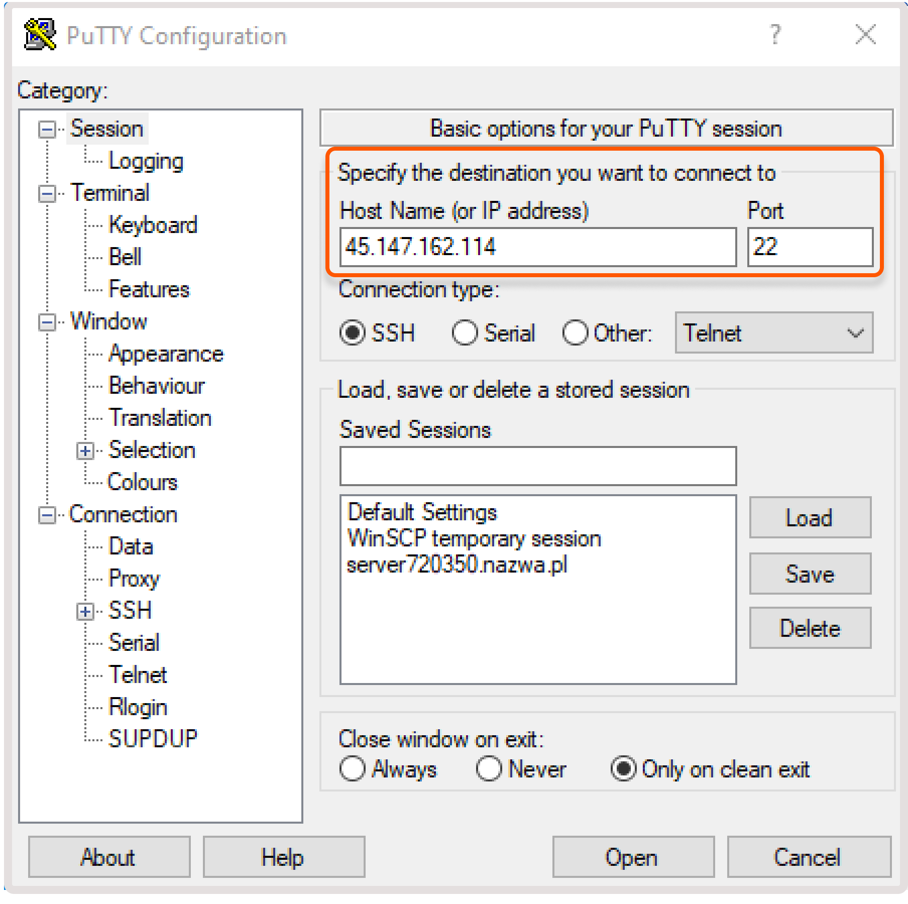 Puttygen application with highlighted Port and Host name fields