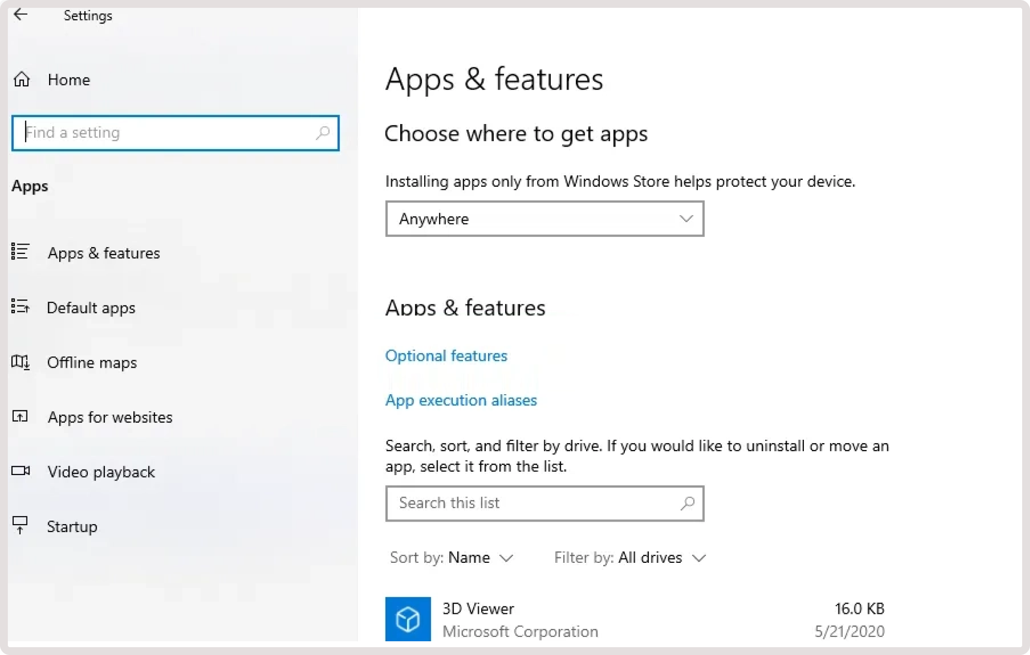 Windows Apps and features page