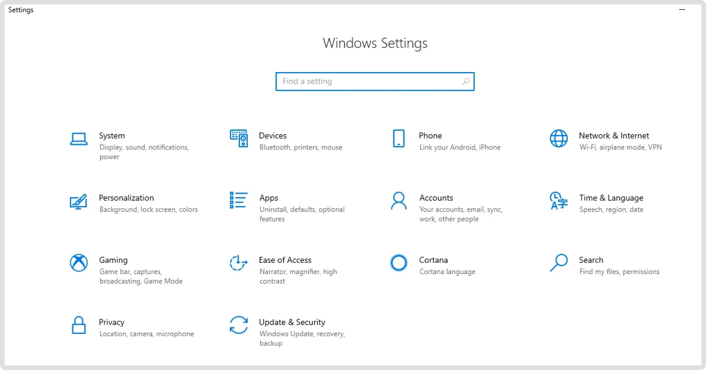 Windows settings page