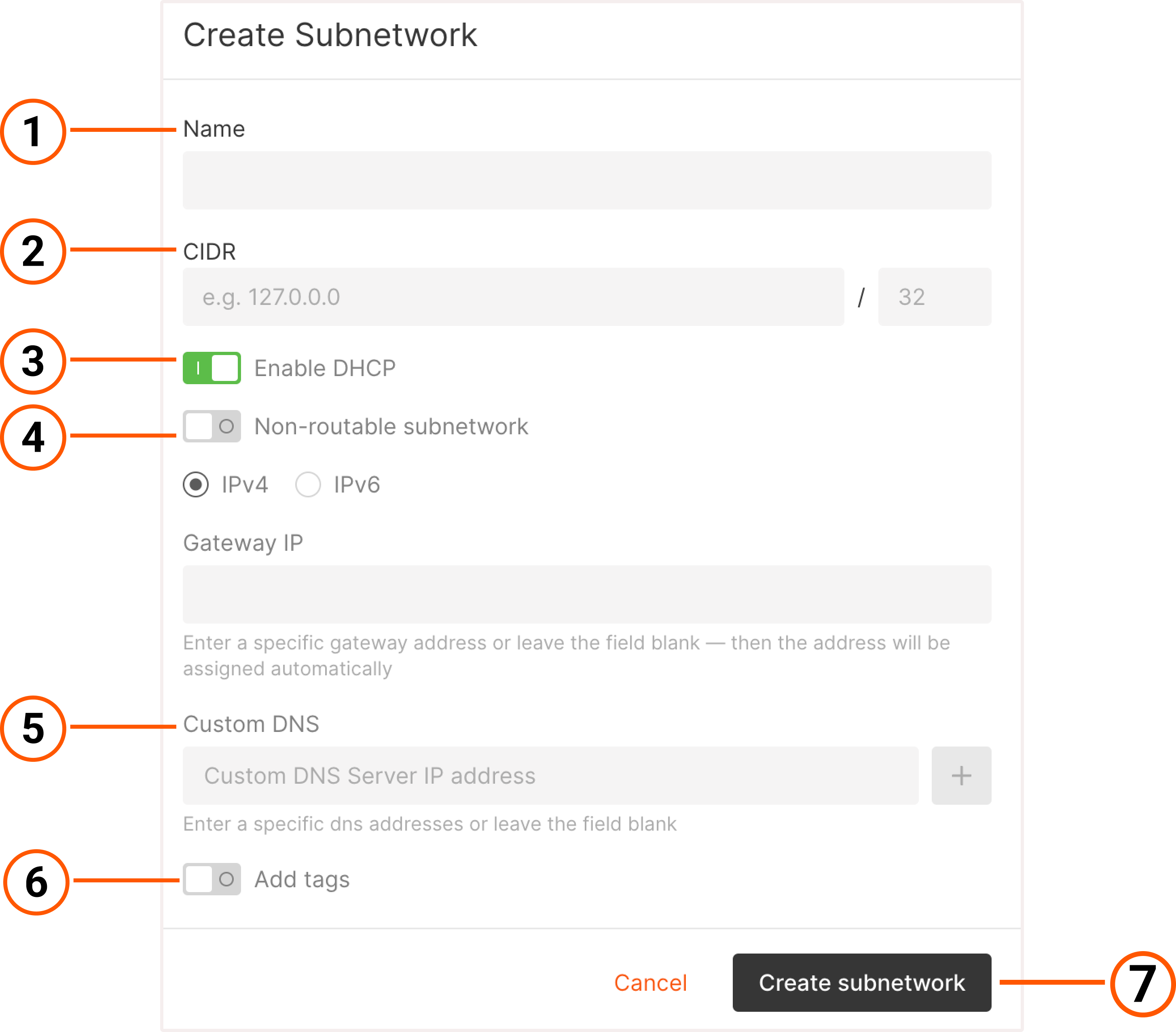 Add a new subnetwork dialog