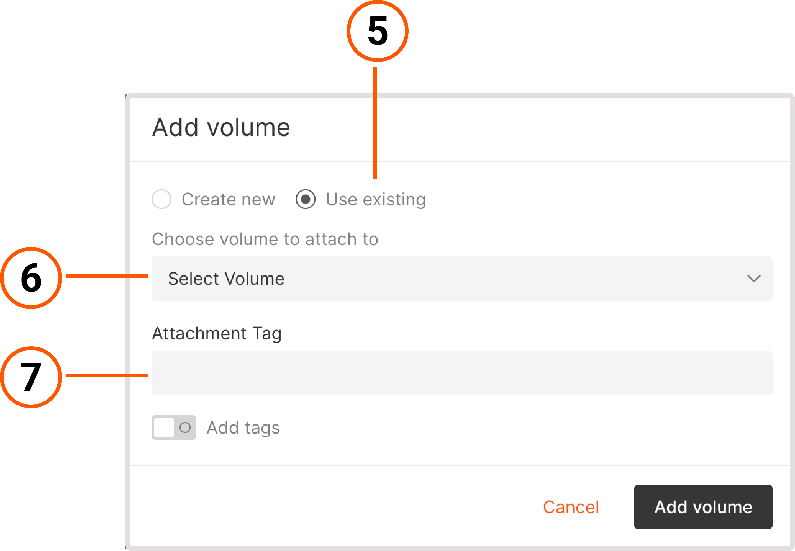 Add volume menu with options to add Virtual Machine and tags