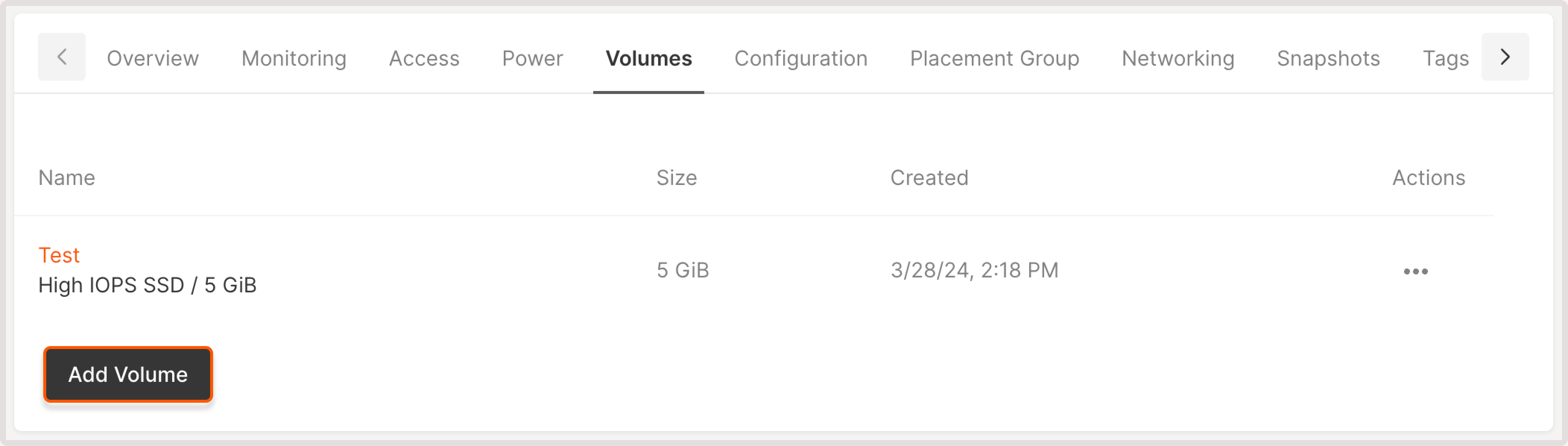 Volumes tab with Add volume button highlighted