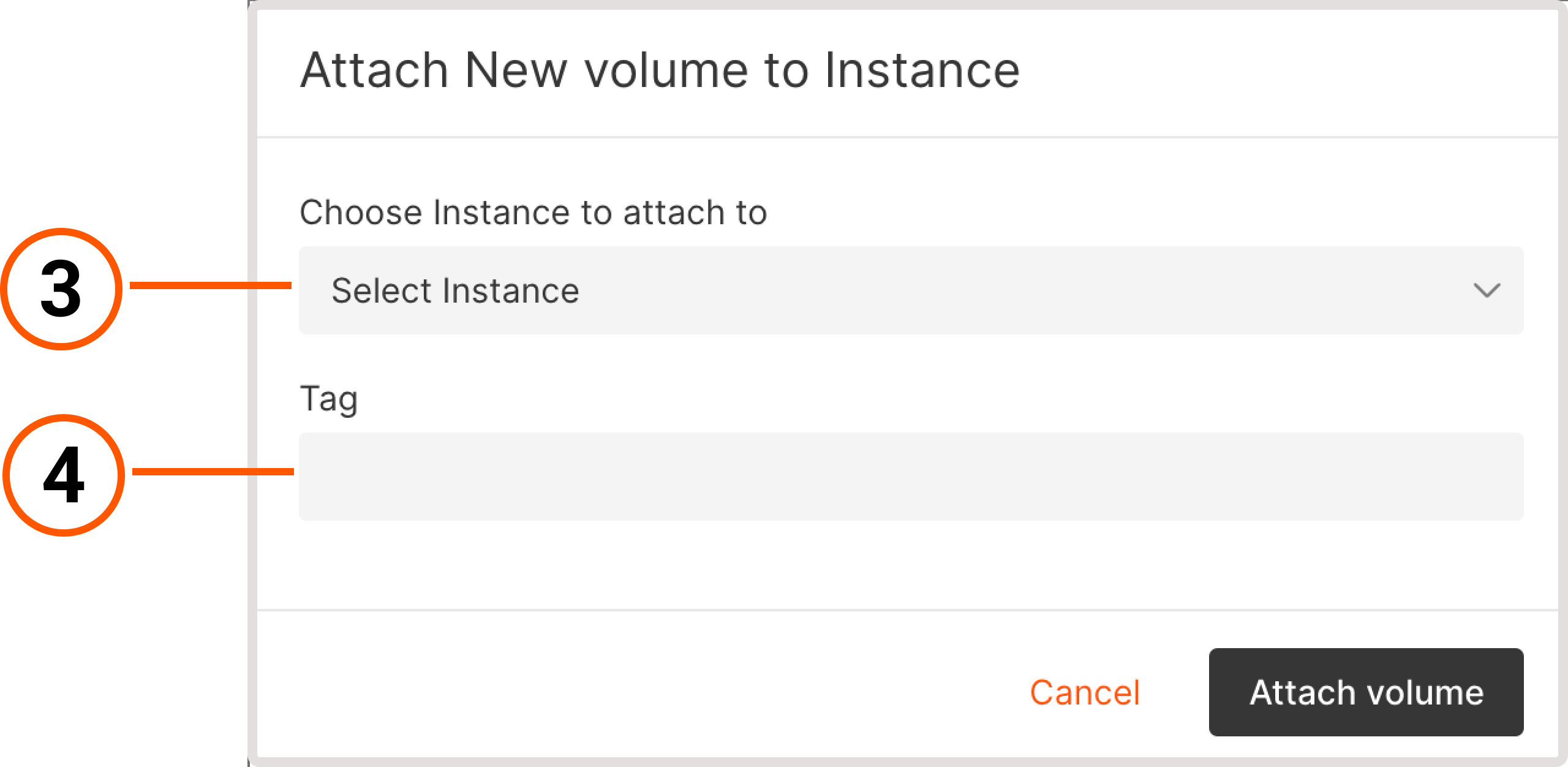 Attach volume dialog with options to select instance and add a tag