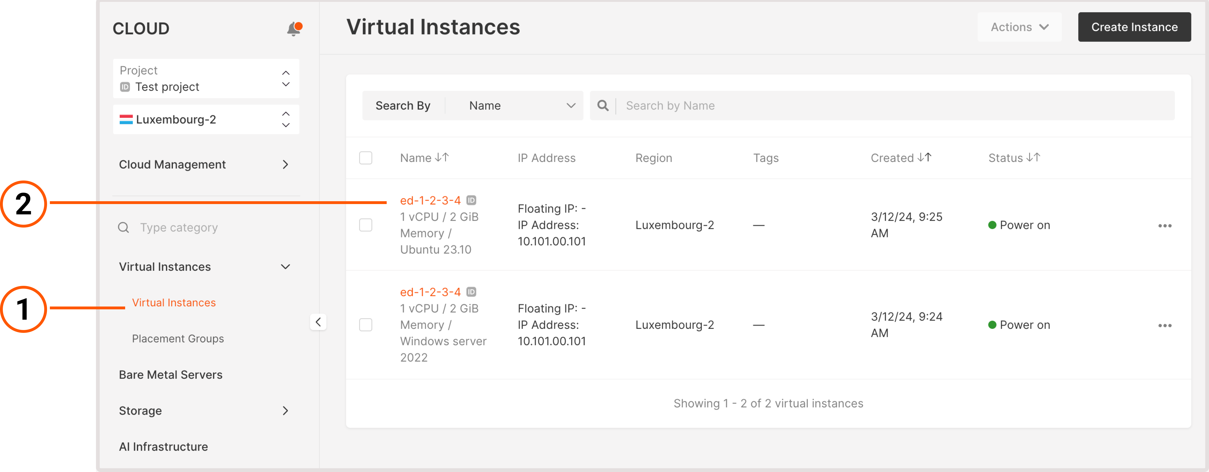 Virtual Machines tab with two created instances