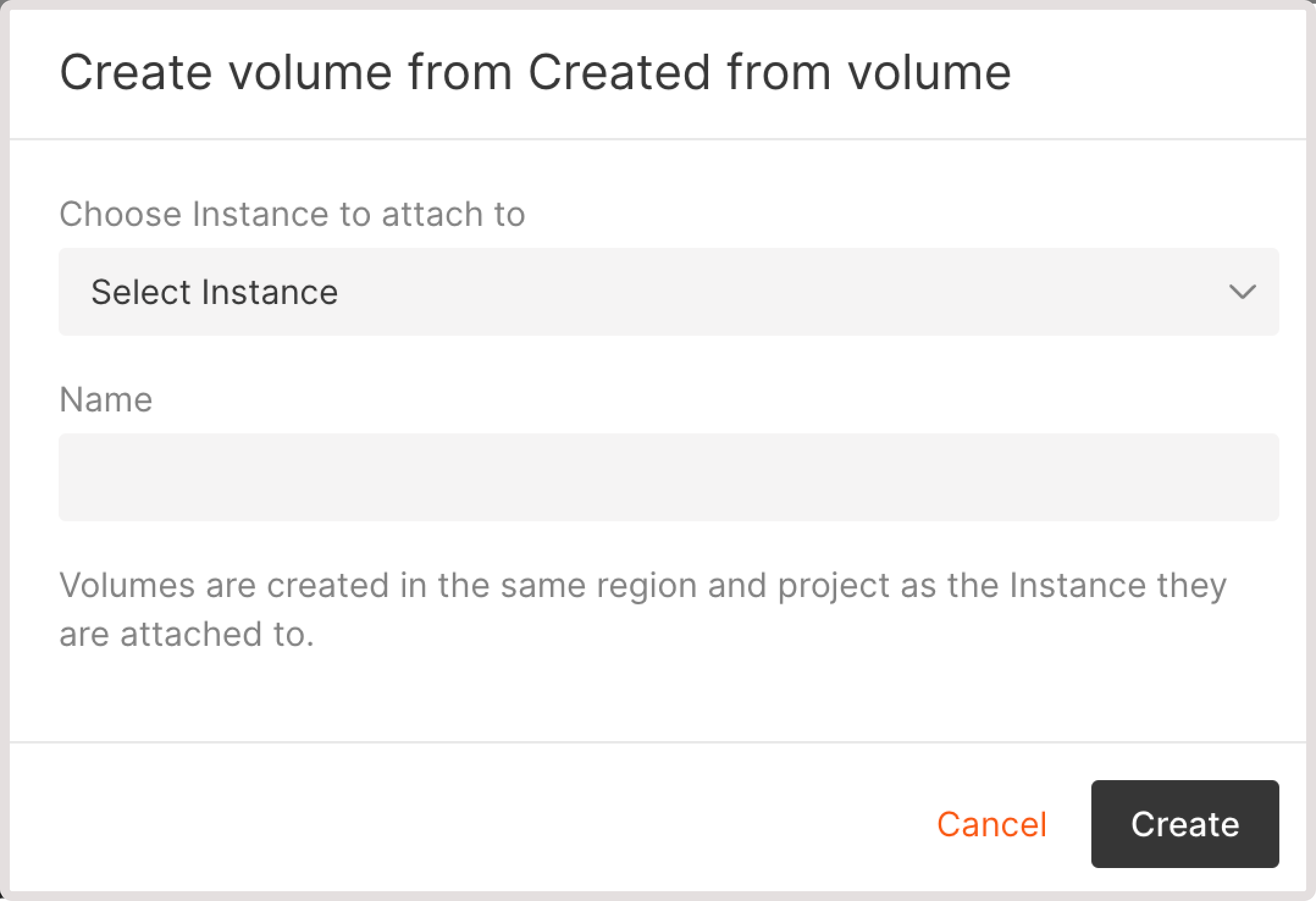 Create volume dialog with options to select instance and add volume name