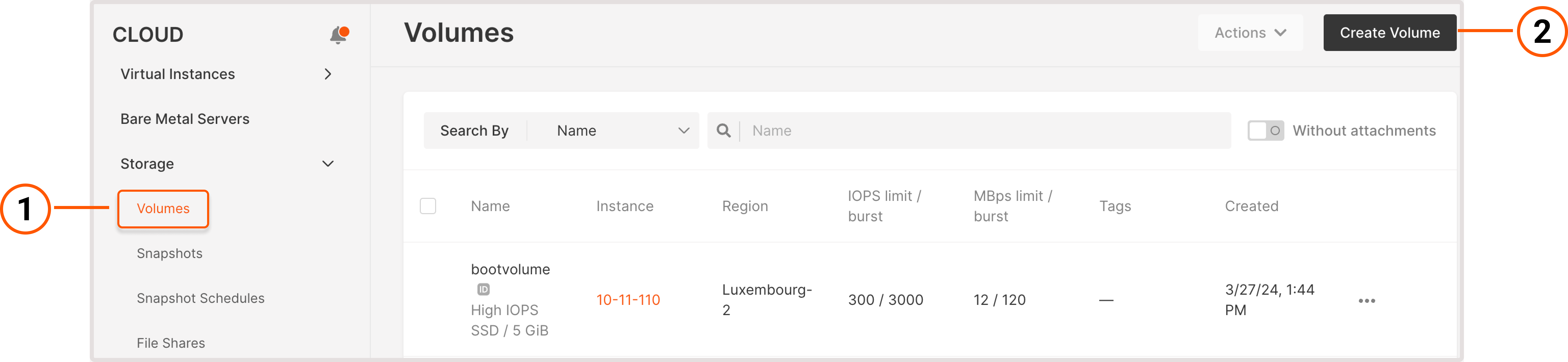 Volumes page with numbered storage and create volume tabs