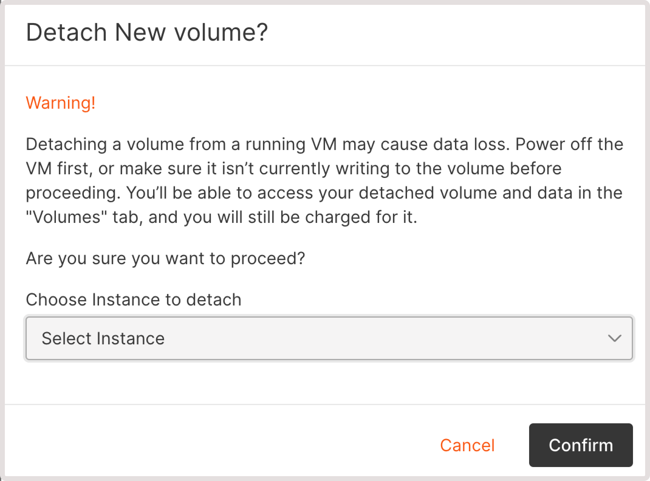 Dialog asking to select an instance to detach the volume from