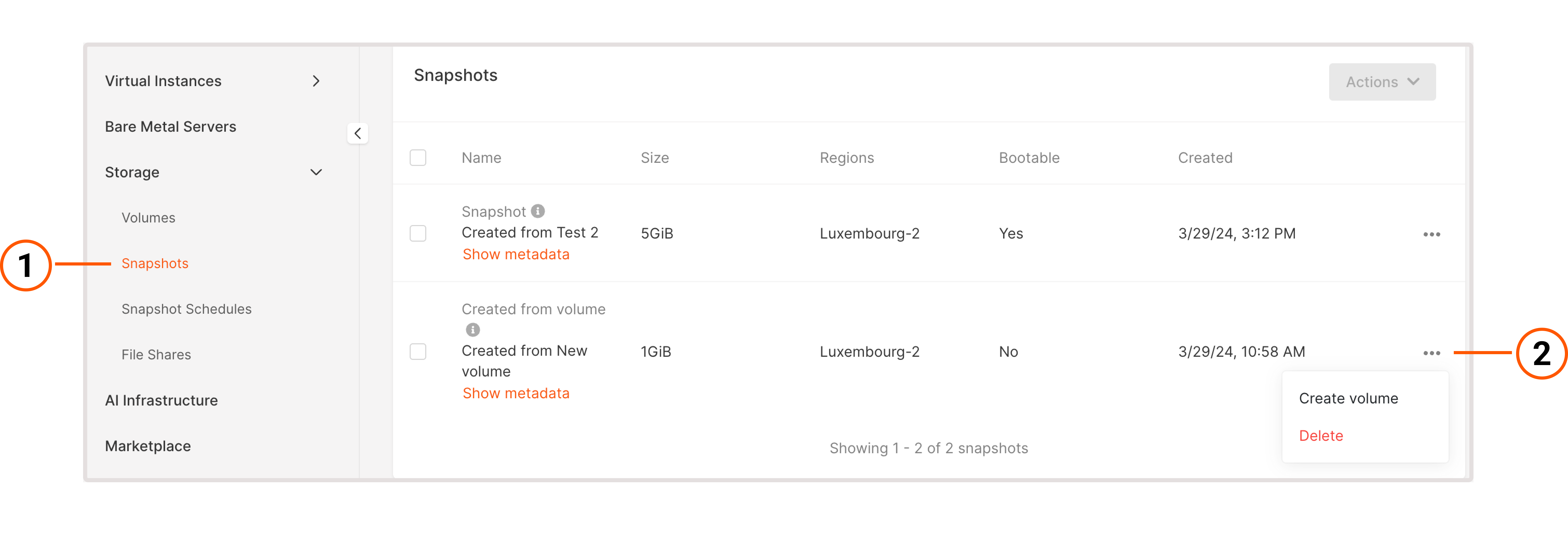 Snapshots tab with expanded settings menu