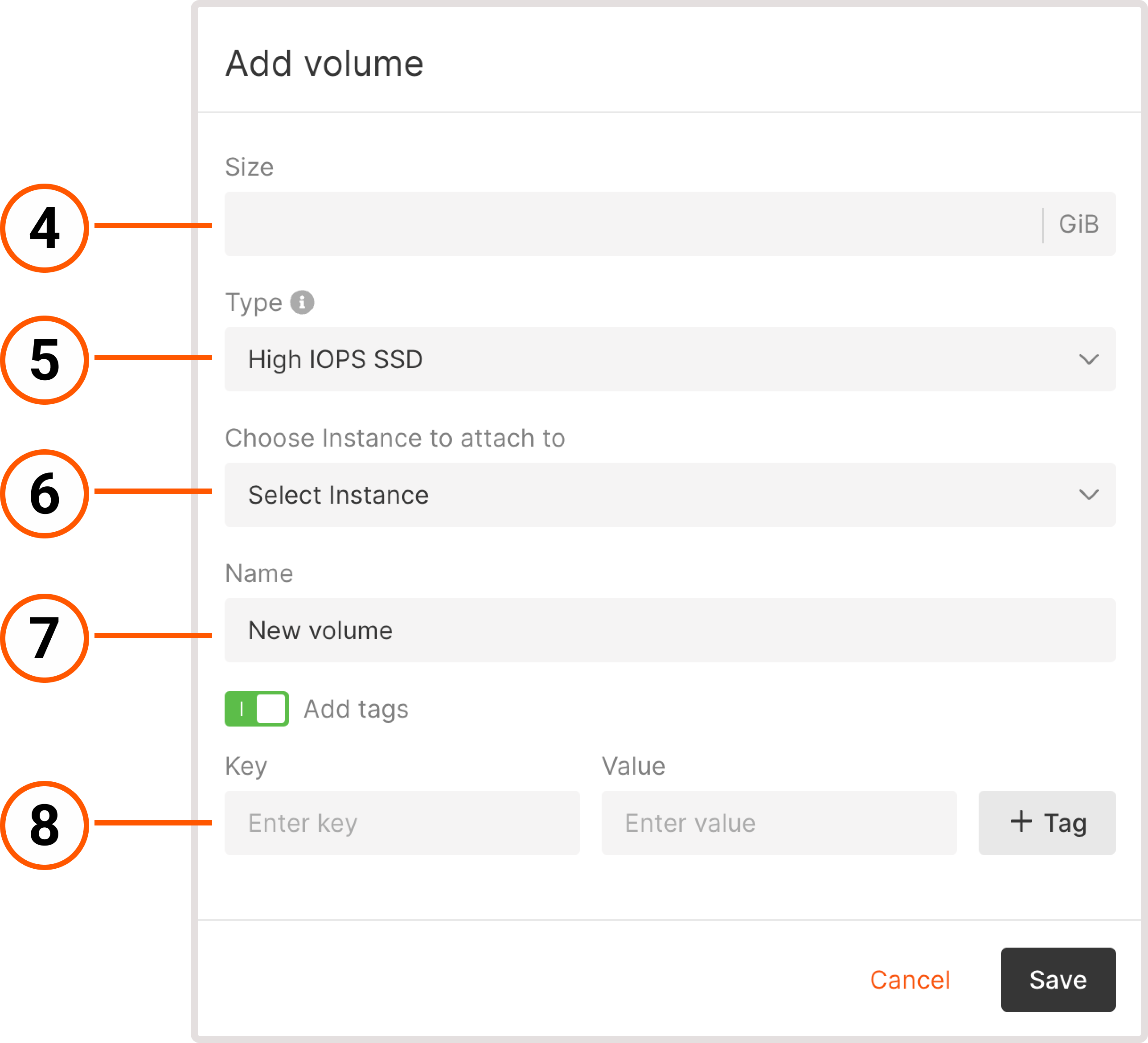 Dialog with options for configuring new volume