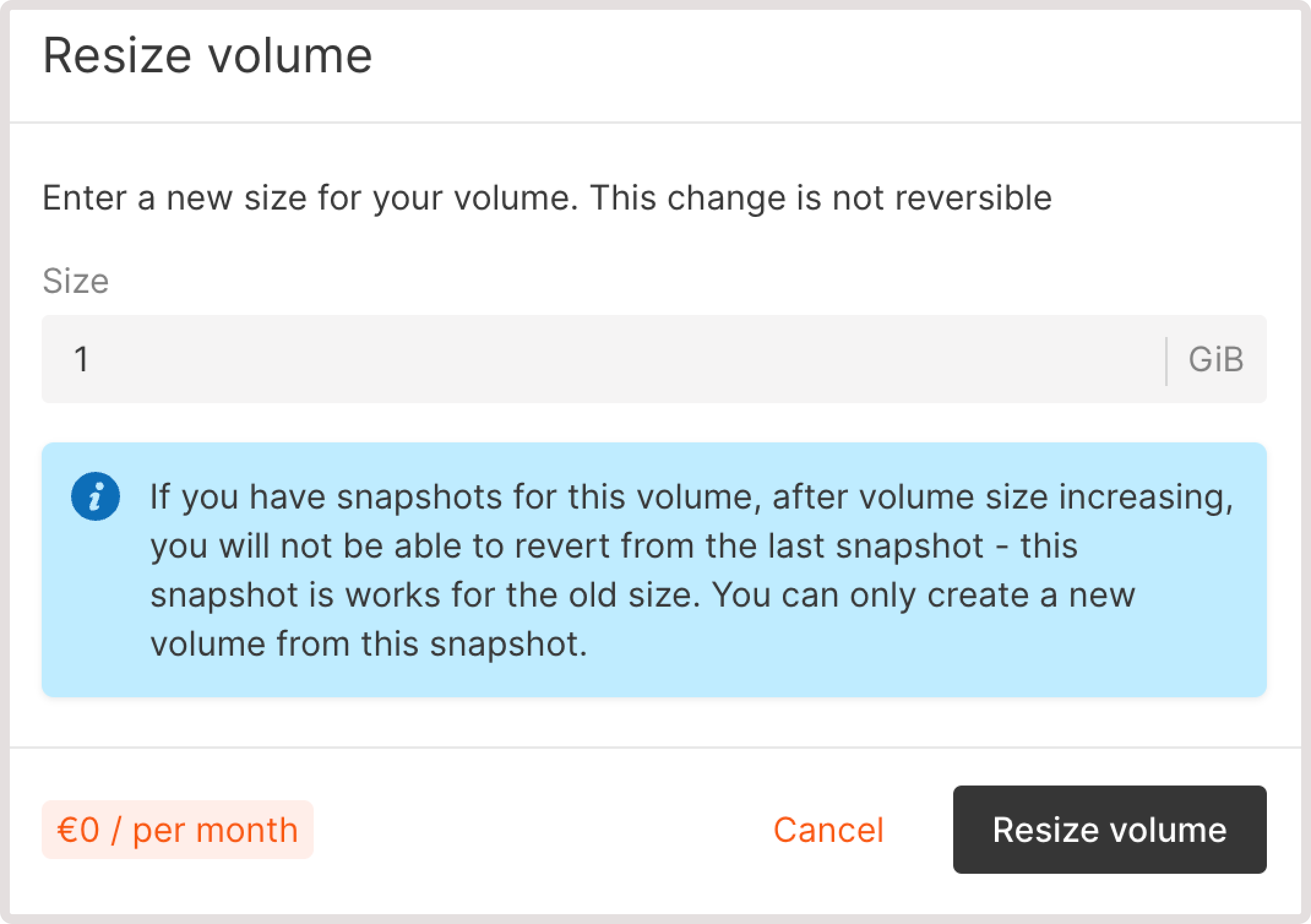 Dialog asking for a new volume size