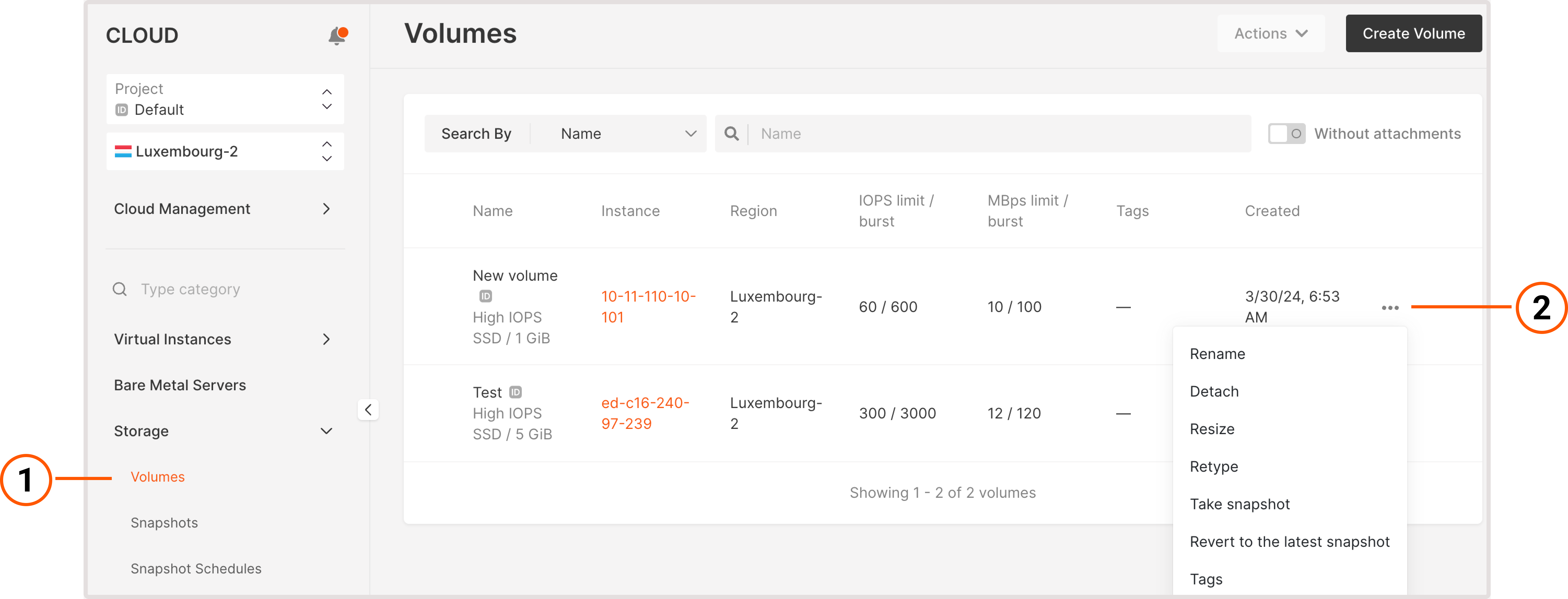 Volumes tab with expanded settings menu