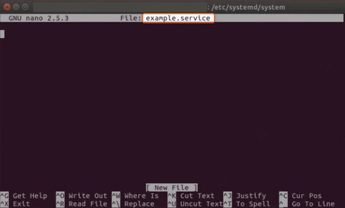 Snapshot of a terminal window displaying the contents of 'example.service' file opened in the 'nano' editor.