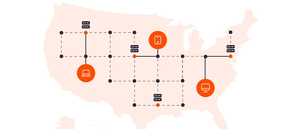 Map of US showing routing from devices to closest locations, depicting an ideal Anycast scenario