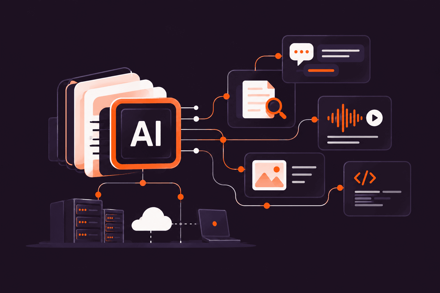 AI processes data from cloud and servers to produce diverse digital content.