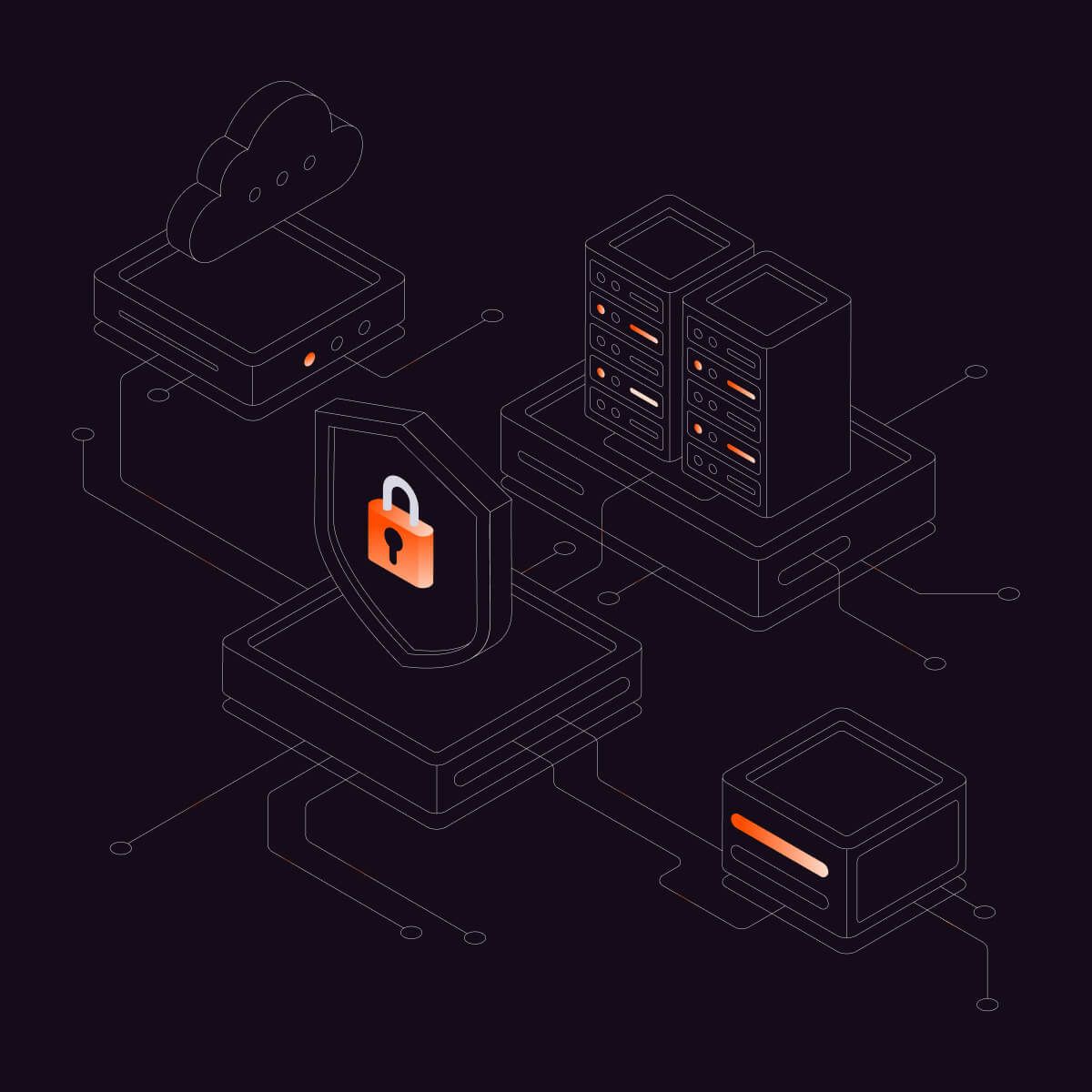 Isometric illustration of cybersecurity protecting cloud, servers, and data storage network.