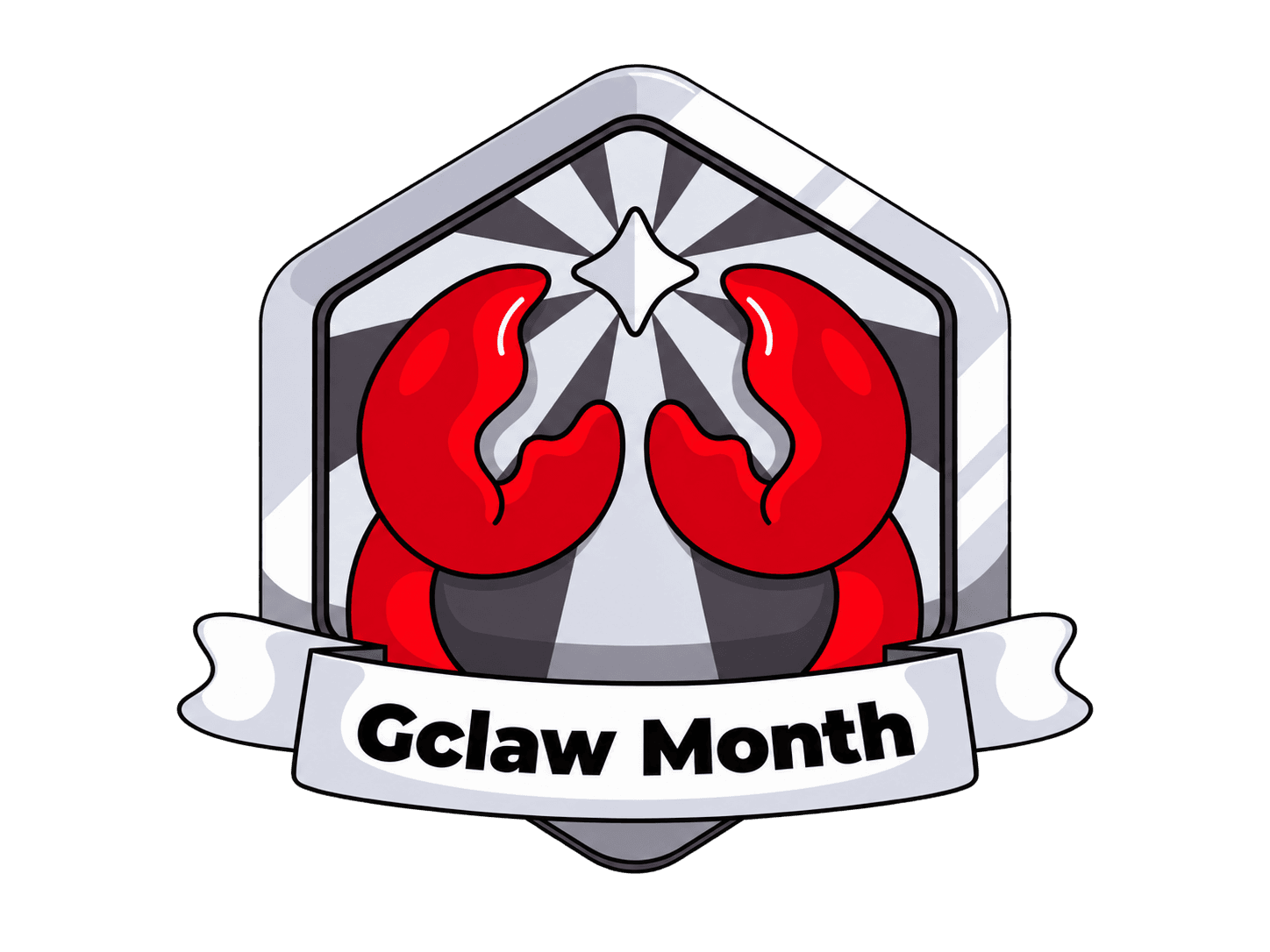 Silver badge featuring two red crab claws, a star, and the text 'Gclaw Month'.