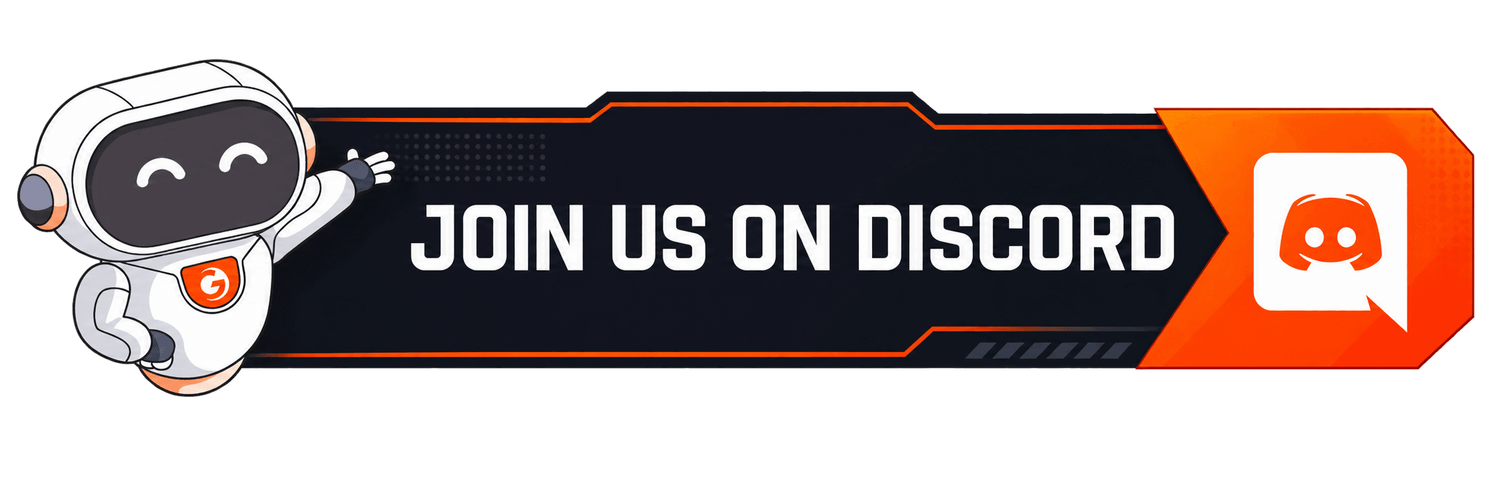Friendly robot waving next to a 'JOIN US ON DISCORD' button with the Discord logo.