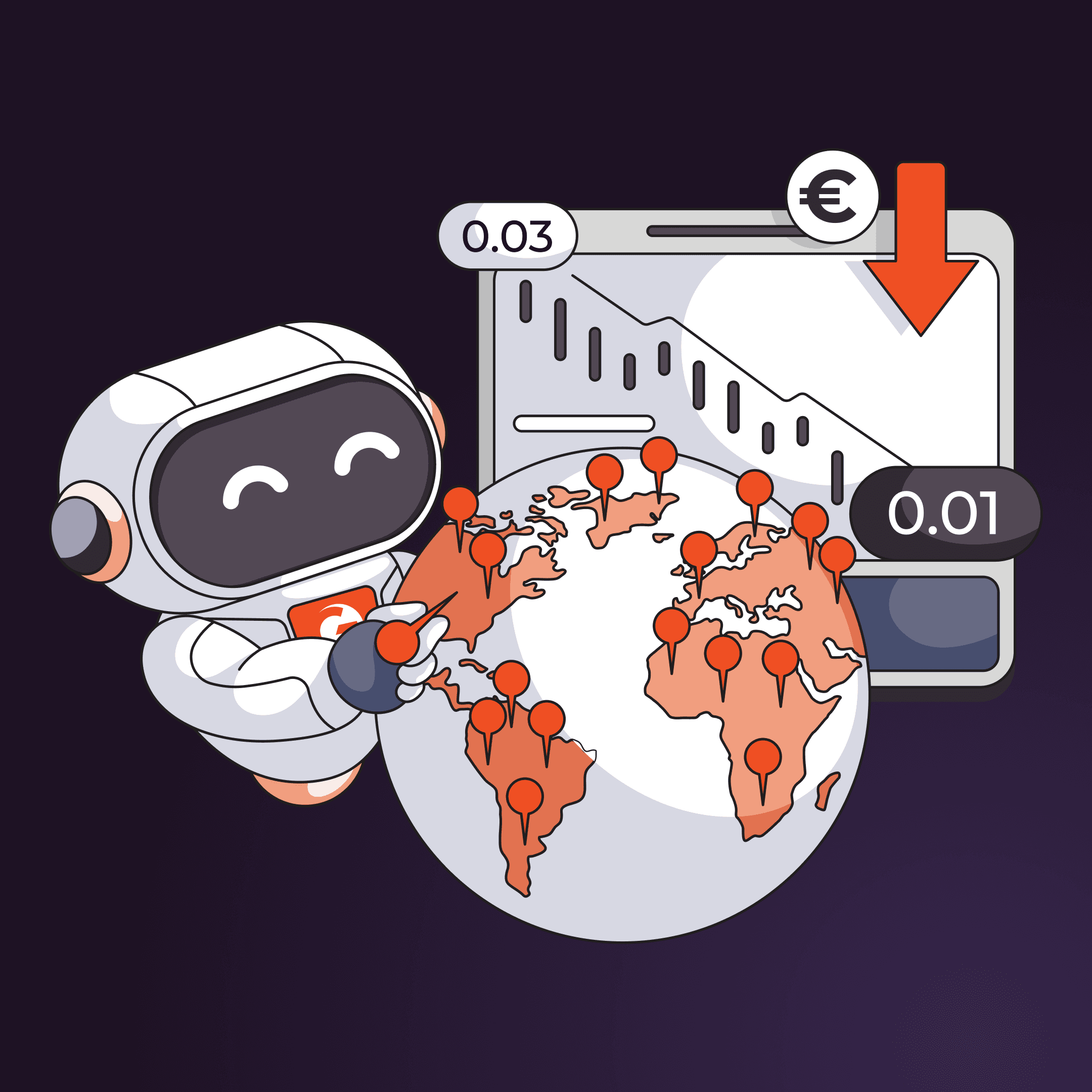 A robot holds a globe with pins near a financial chart indicating a market decline.