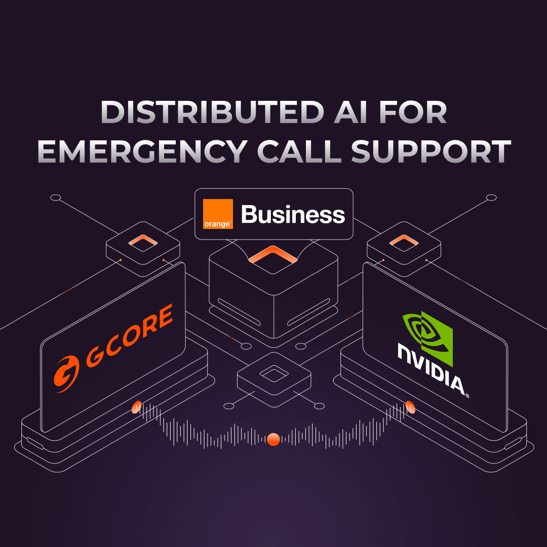 Diagram showing distributed AI for emergency call support with GCORE, Business, and NVIDIA logos.