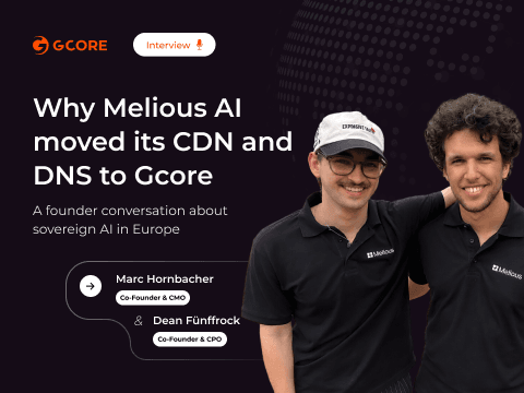 Two smiling men, Marc Hombacher and Dean Fünfrock, for a Gcore interview cover.