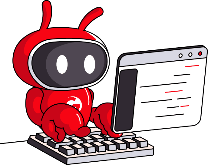 Friendly red robot with antennae typing on a keyboard, coding on a computer screen.