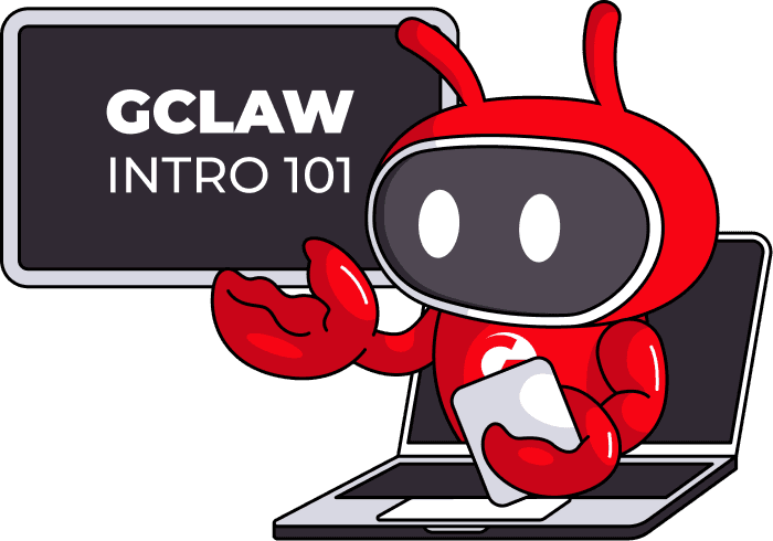 Red cartoon robot emerging from a laptop, presenting 'GCLAW INTRO 101' on a screen.