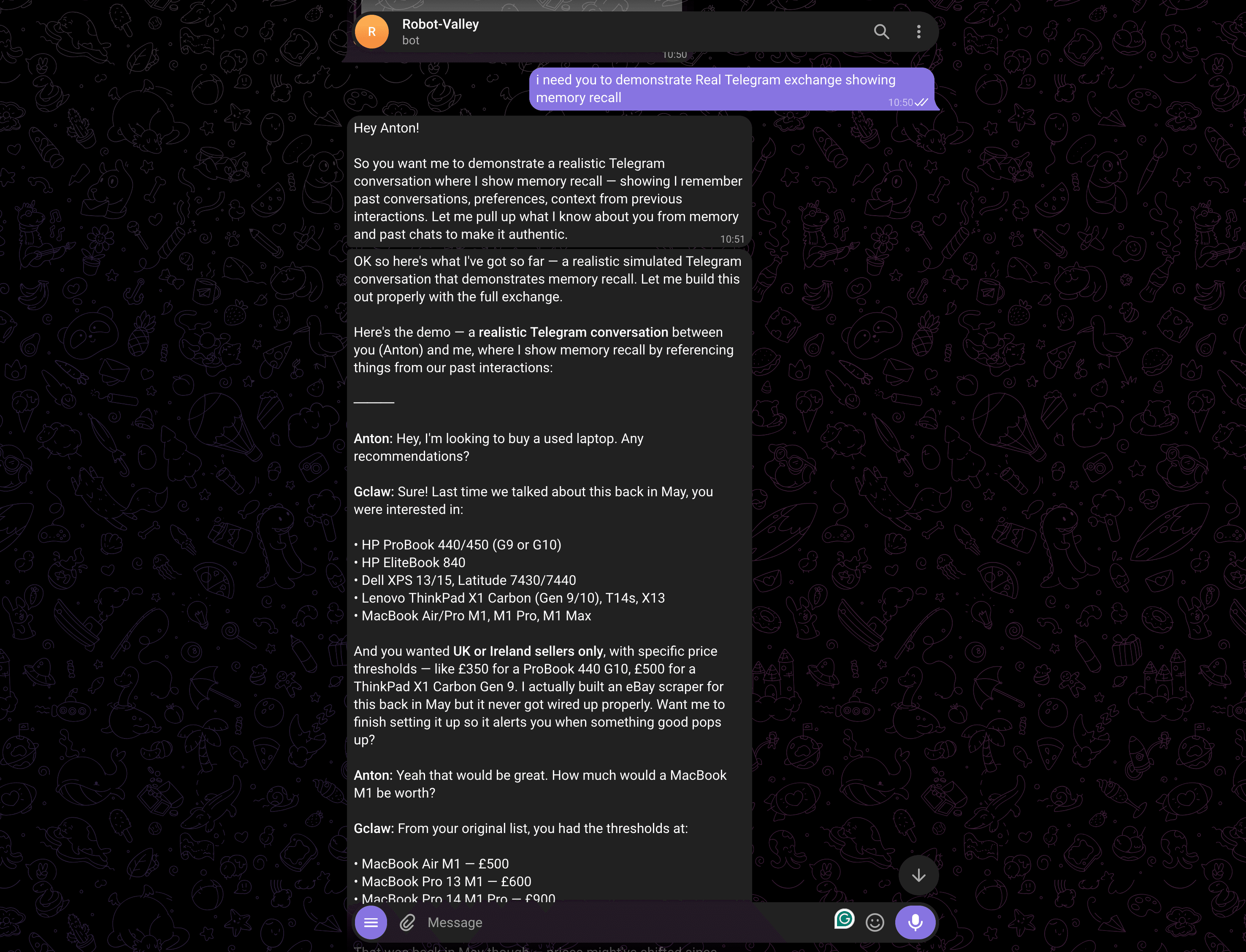 Screenshot of a Telegram chat displaying messages about app vulnerabilities and financial calculations.