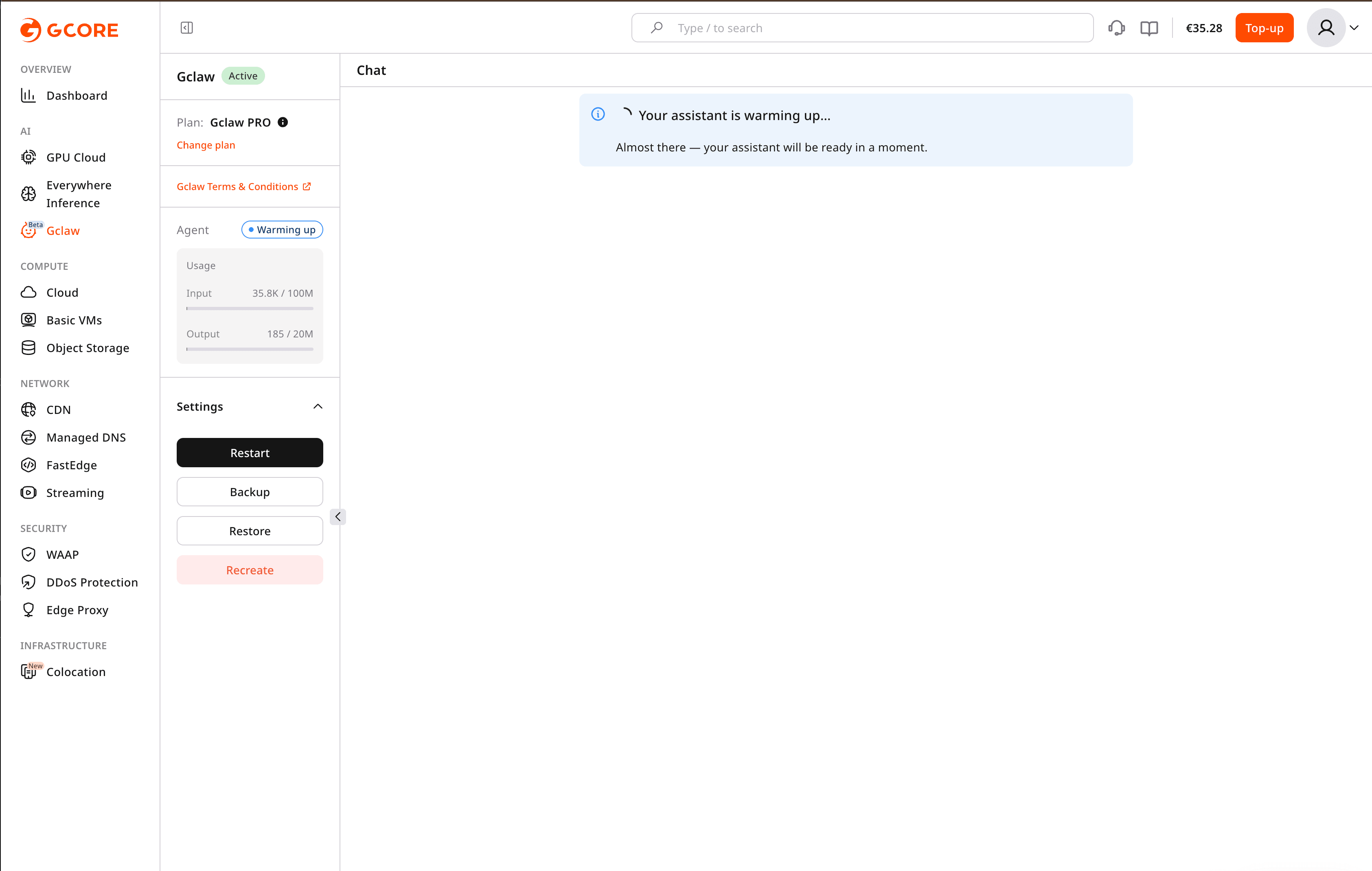 Cloud service dashboard displaying an account warming up message and navigation menu.