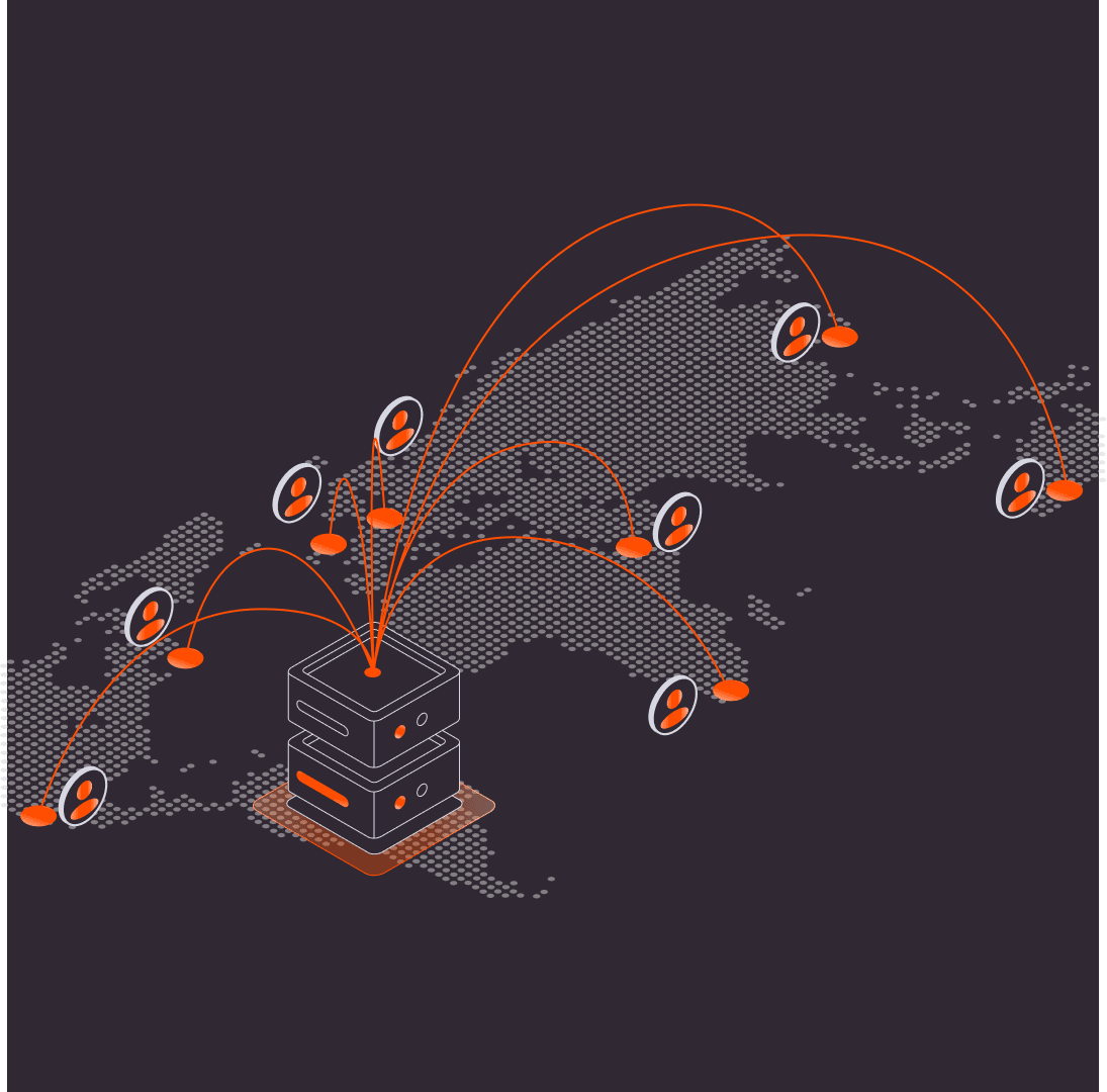 Central server distributing data to multiple user icons across a world map silhouette.