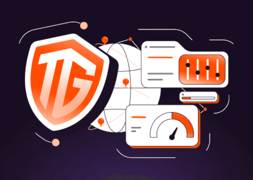 TG shield logo, global network, and digital dashboards showing data security and performance.