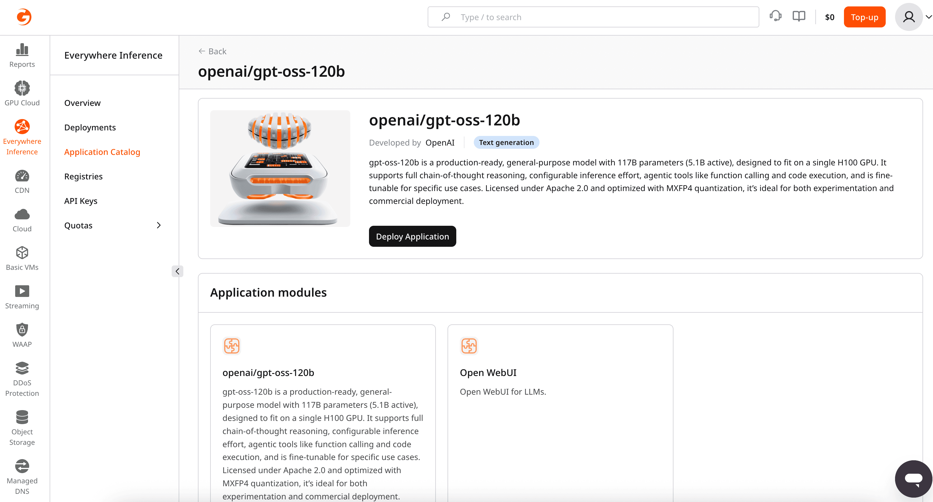 Gcore UI showing the Everywhere Inference Application Catalog, open to GPT-OSS-120B model.