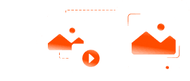Two orange landscape icons linked by a play button illustrate the process of transforming a static image into video content. Orange mountain and sun icons with a play button, connected by dashed lines, representing image-to-video conversion.