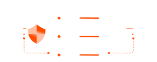 A stylized orange shield icon connected by dashed lines to text placeholders, symbolizing security and data protection. Orange shield icon with dashed border and horizontal line elements representing security or protection.