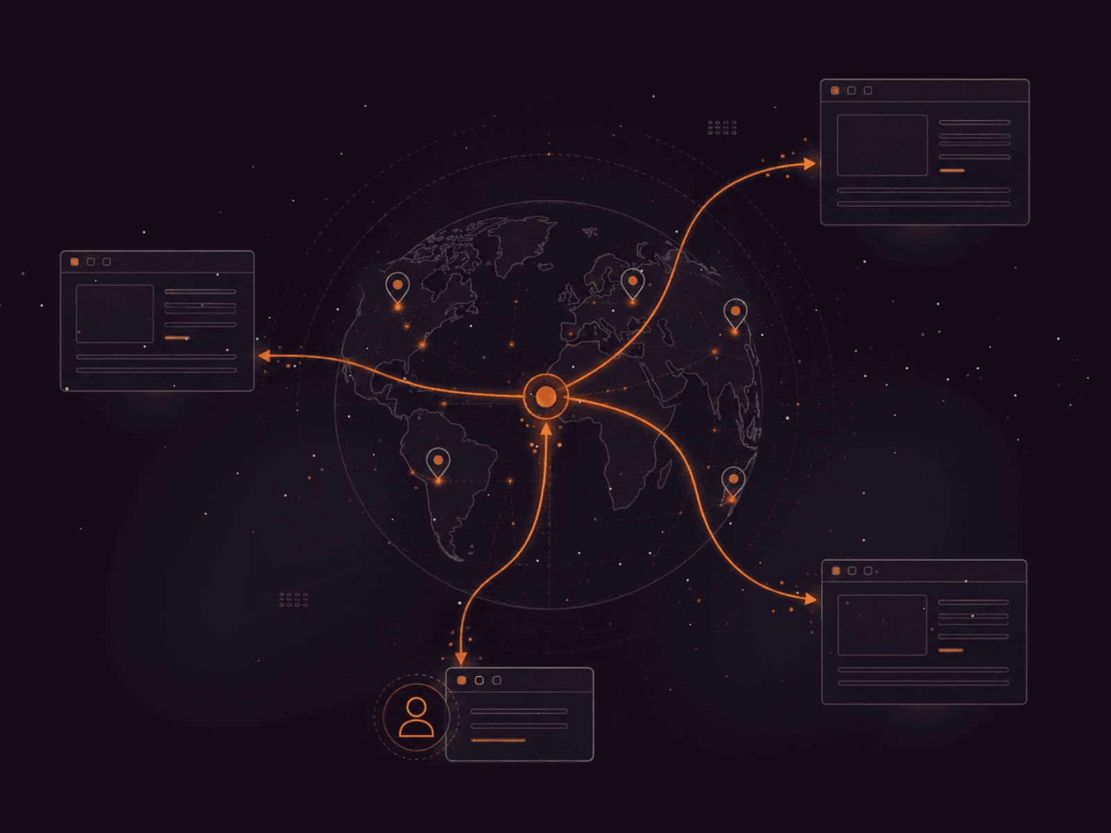 Orange lines illustrate a global network connecting a central point to various distributed applications.