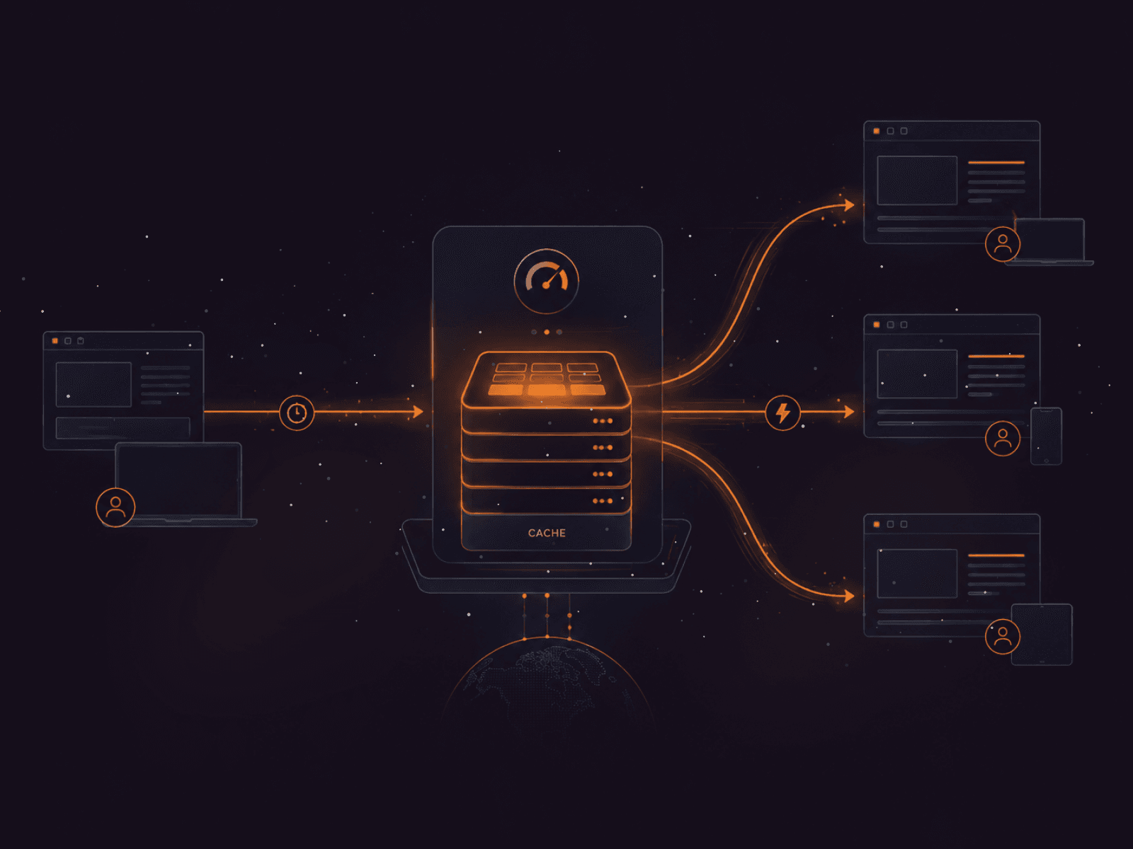 Central server distributes data through a network to multiple connected devices like laptops and phones.