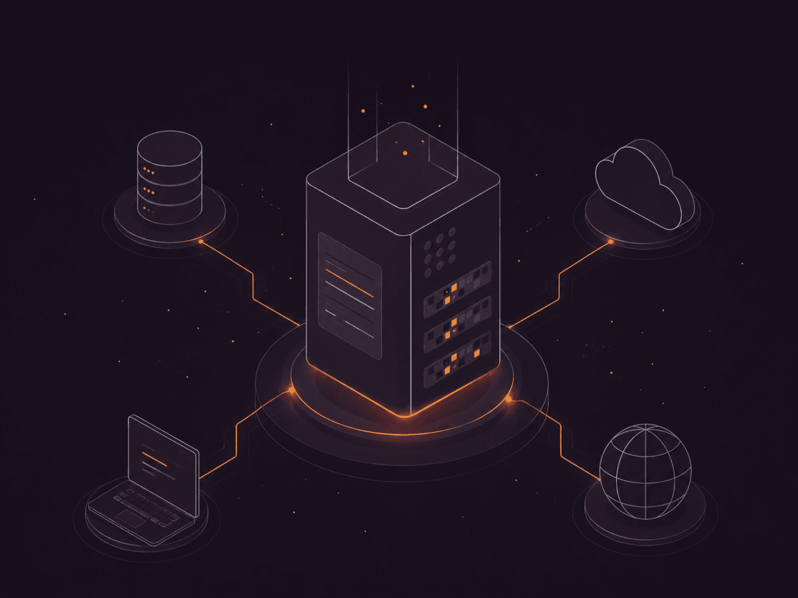 Isometric illustration of a central server connecting to cloud, database, laptop, and global network.