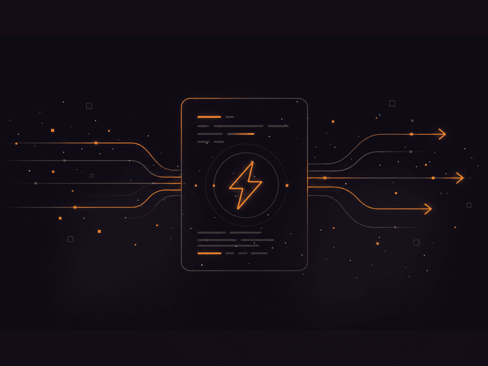 Digital panel with lightning bolt icon, emitting orange data streams or energy.