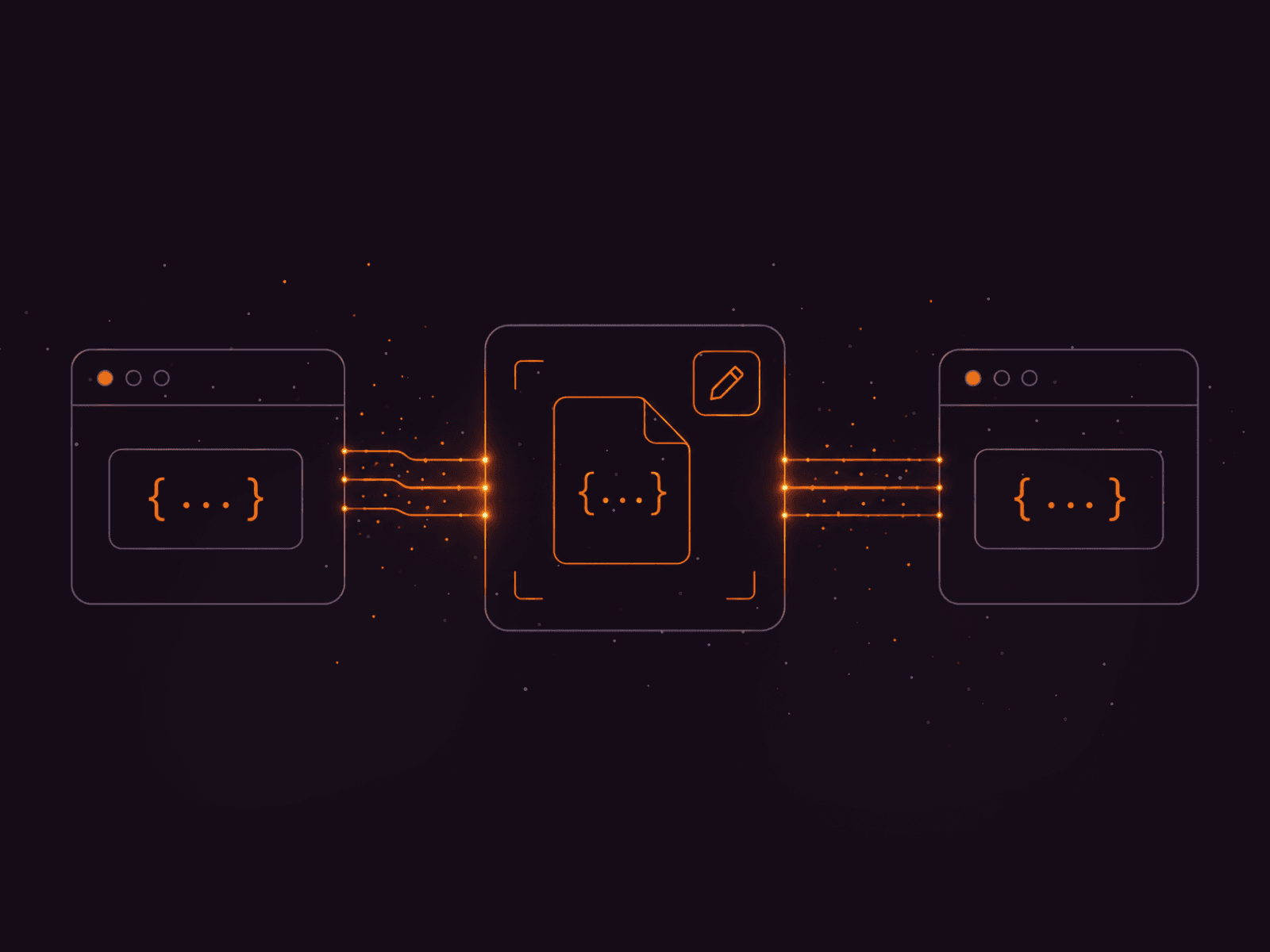 Data processing flow connecting two system windows with a central document icon.