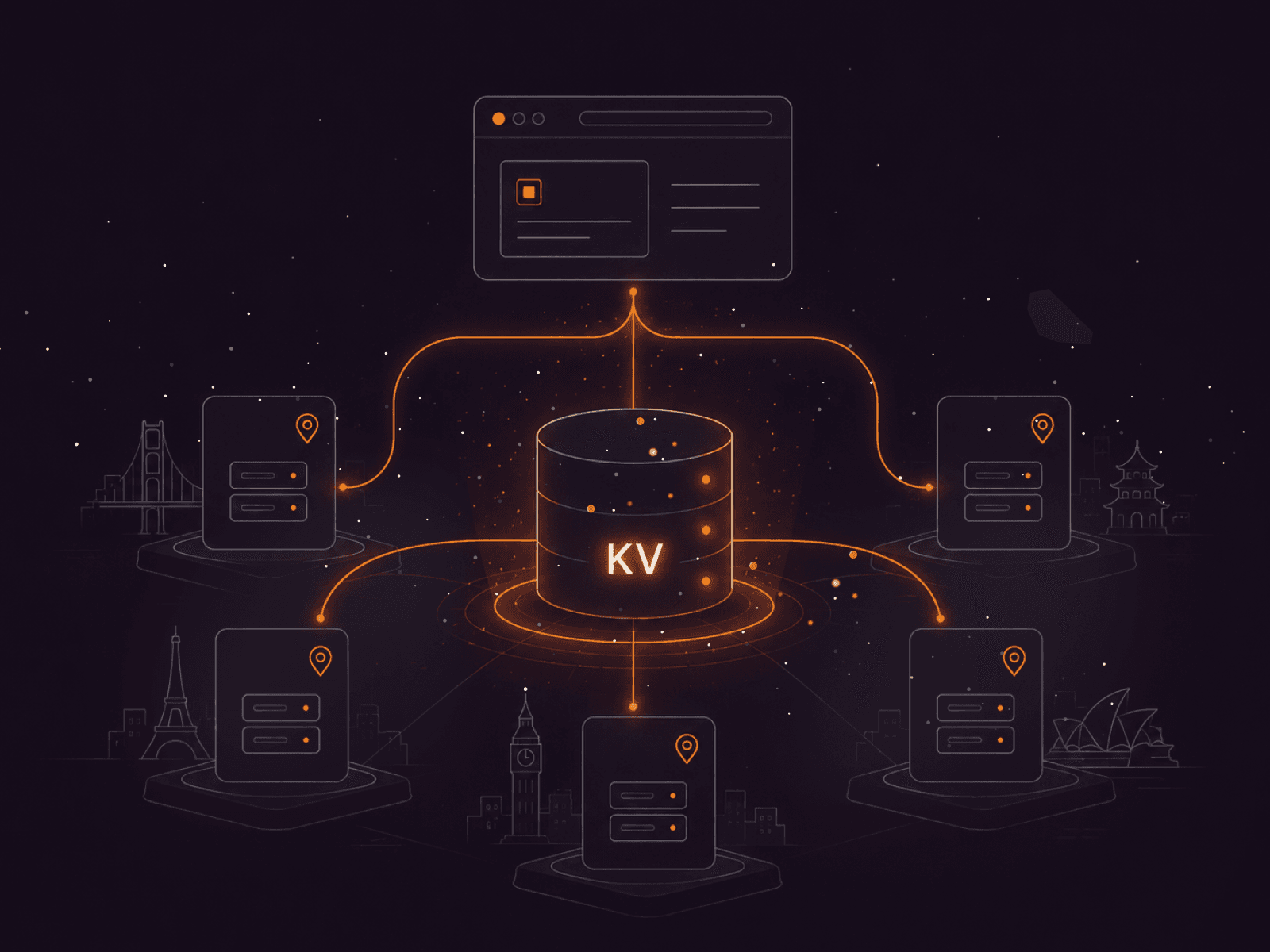 Diagram showing a centralized KV data store connected to a web browser and global data centers.