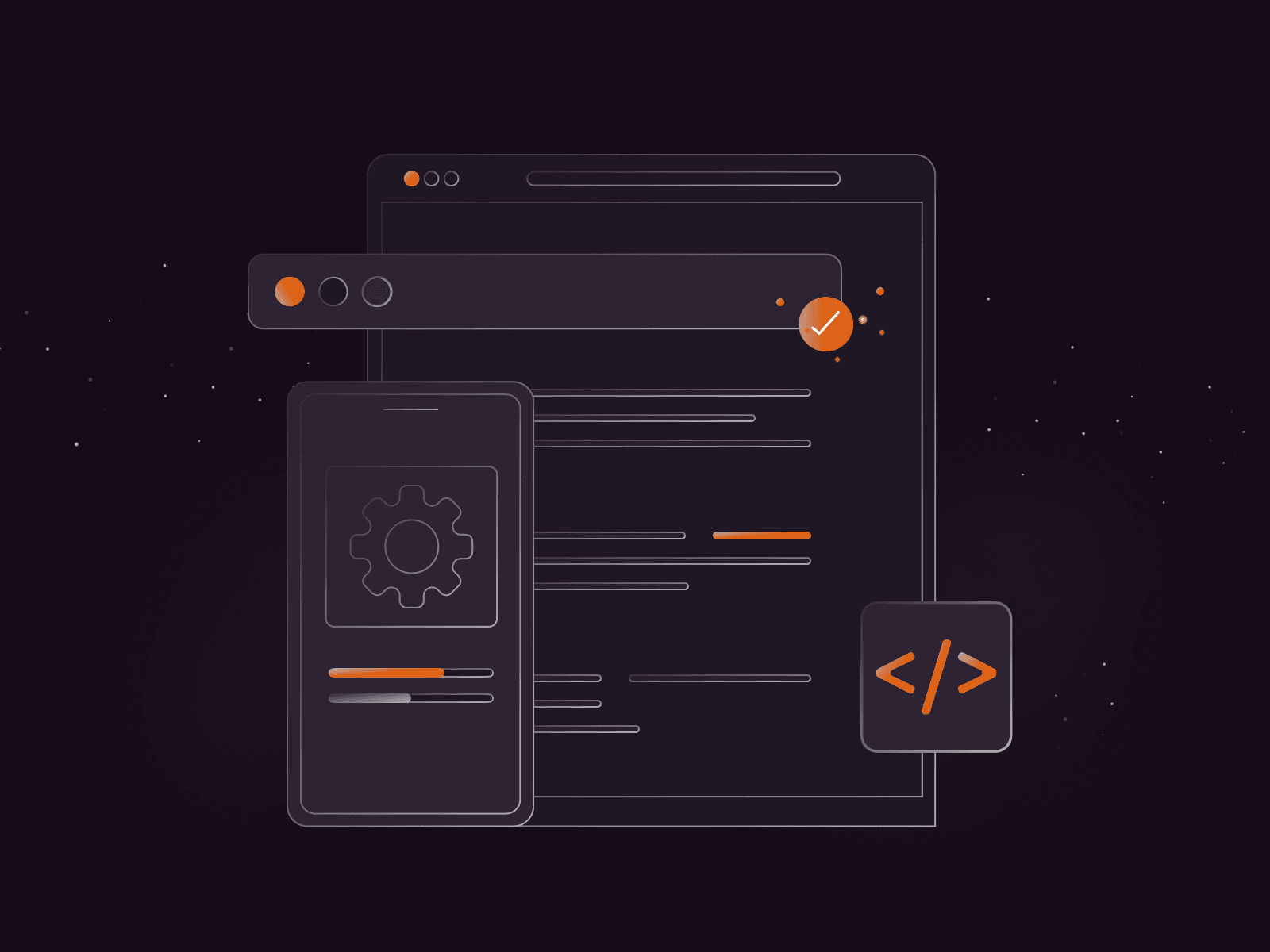 Dark illustration showing web and mobile development with coding elements.