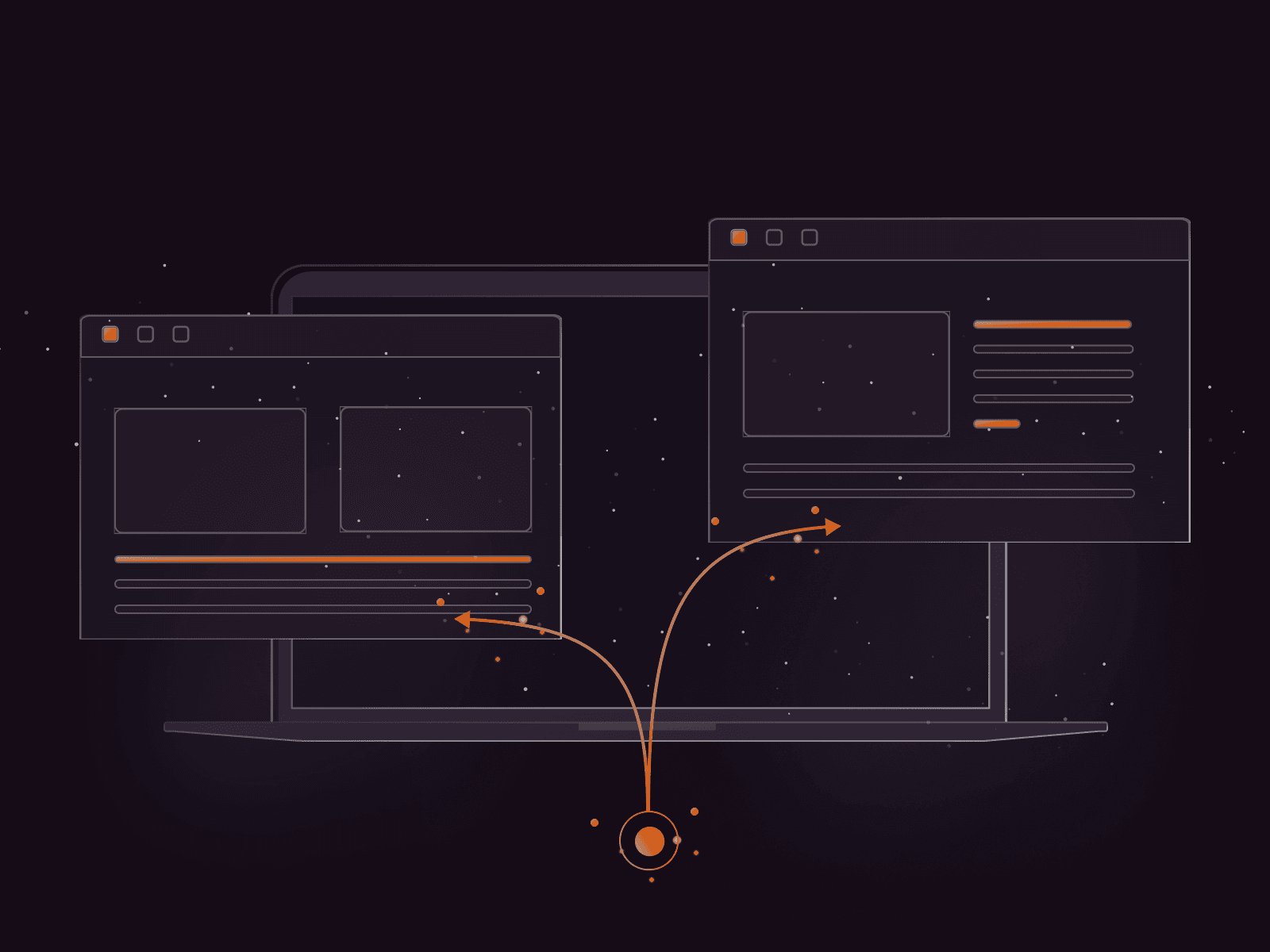 Laptop with two browser windows, showing data flow against a dark digital background.
