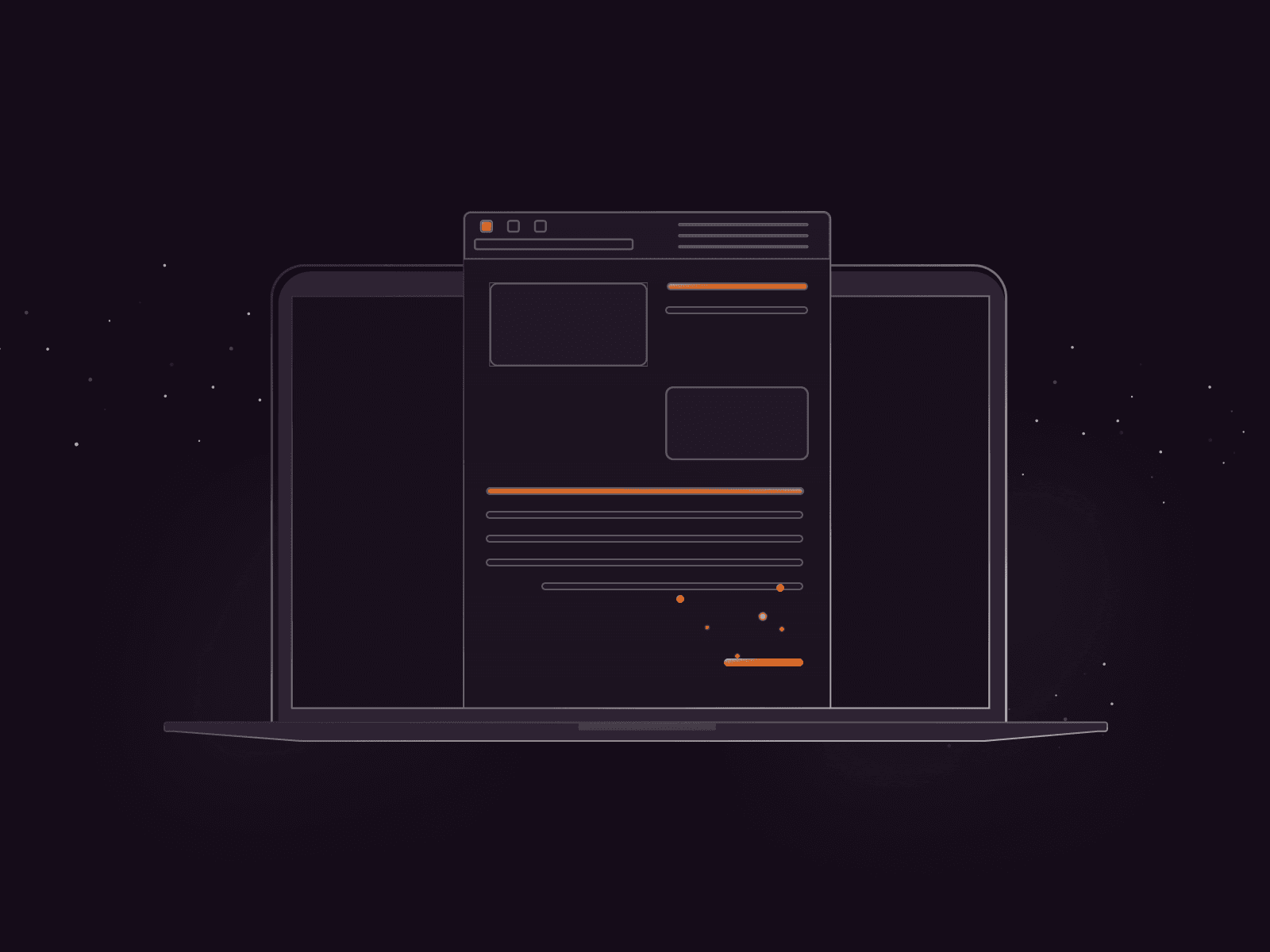 Dark mode laptop displaying an abstract web page with orange highlights.