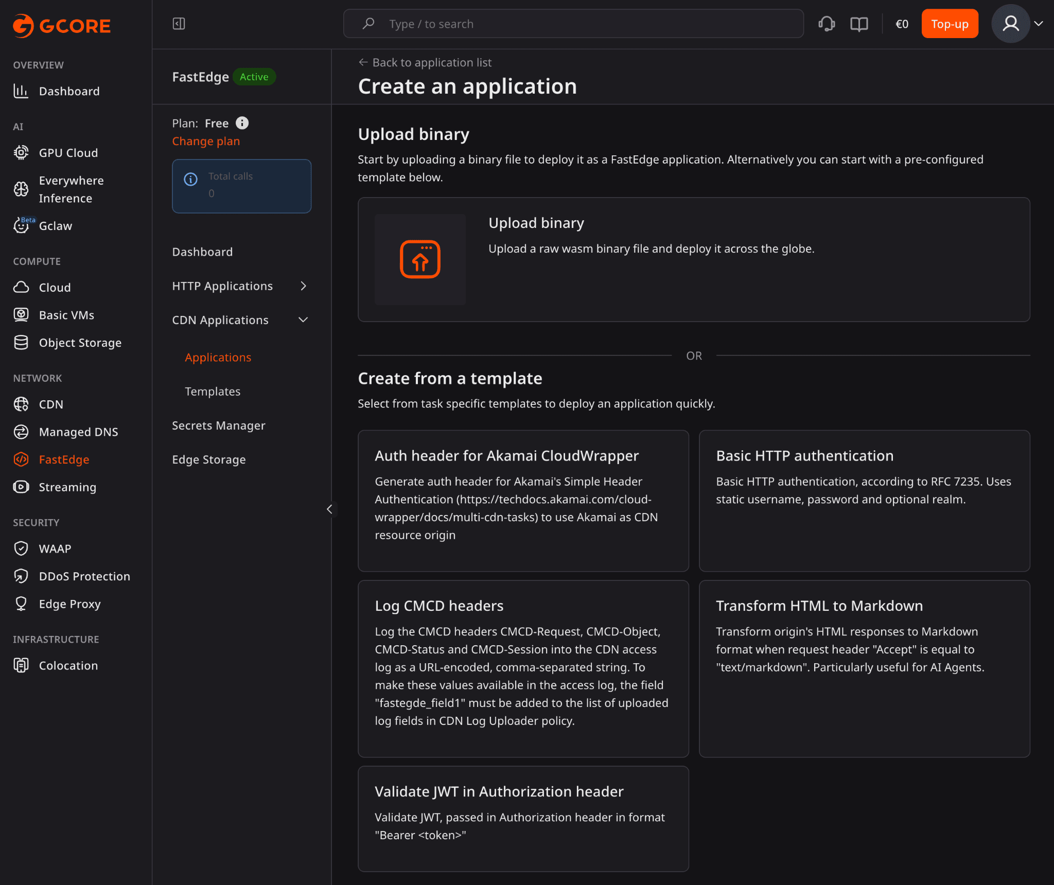 Dark-themed web application interface for creating new applications with binary upload and templates.